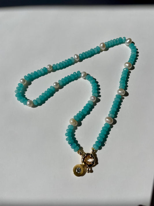 Blueberries & Cream Freshwater Pearl and Cool Blue Jade Gemstone Candy Necklace with 14K GF Enhancer Clasp and Swarovski Crystal Charm