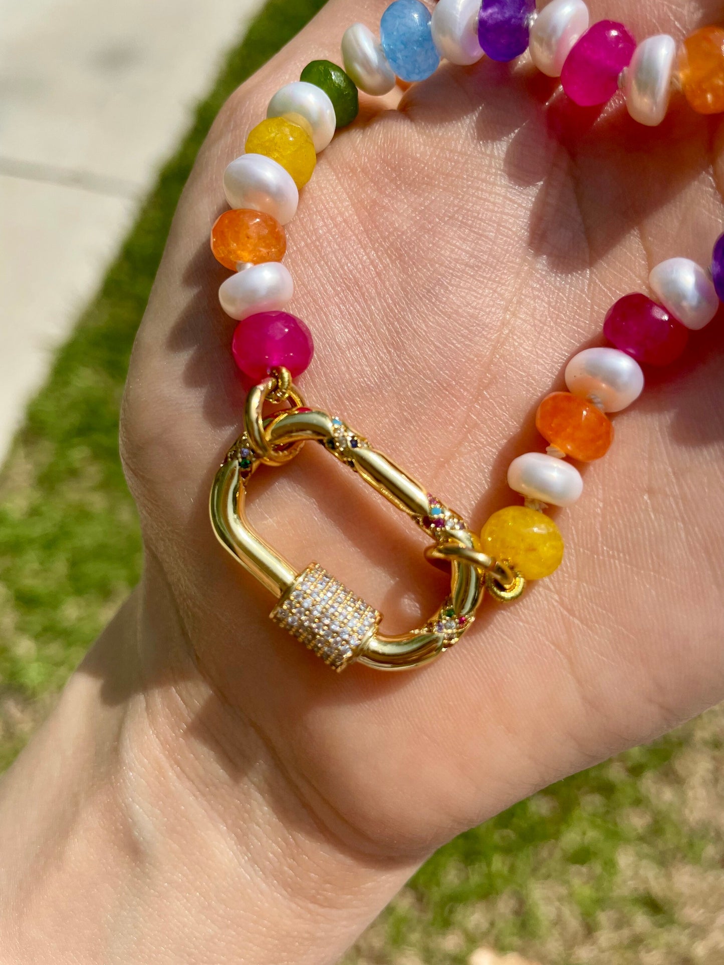 Lucky Charms with Whole Milk Gemstone and Freshwater Pearl Candy Necklace | 14K Gold Filled Charm Bar Carabiner | 18”