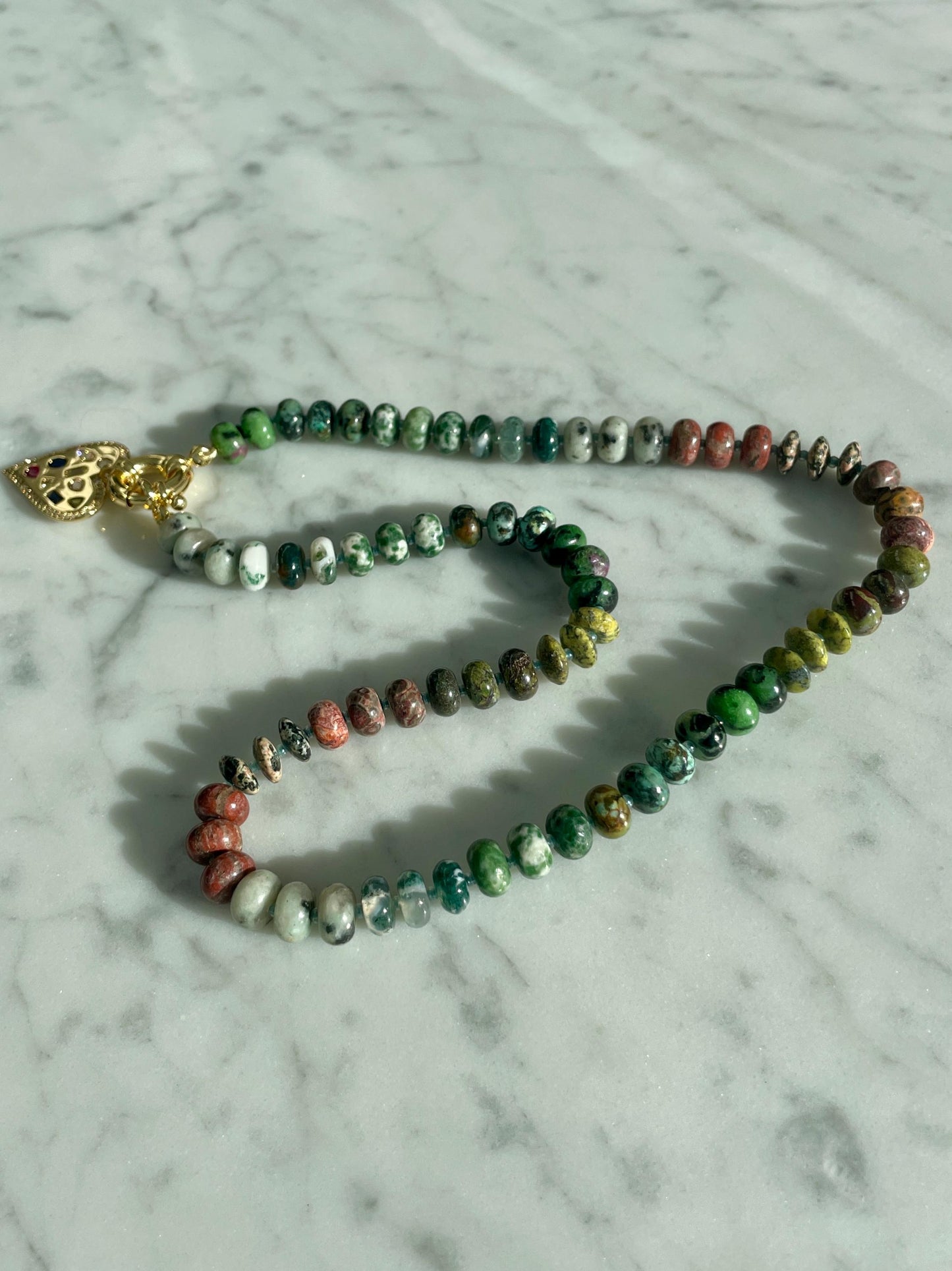 Pet Rock: Big Bob Moss - Earthy Green Jade Gemstone Rainbow Necklace with 14K GF Enhancer Clasp