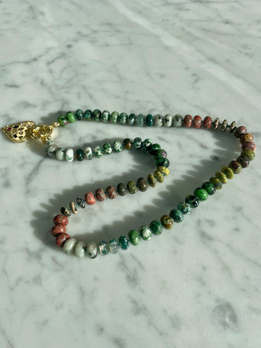 Pet Rock: Big Bob Moss - Earthy Green Jade Gemstone Rainbow Necklace with 14K GF Enhancer Clasp