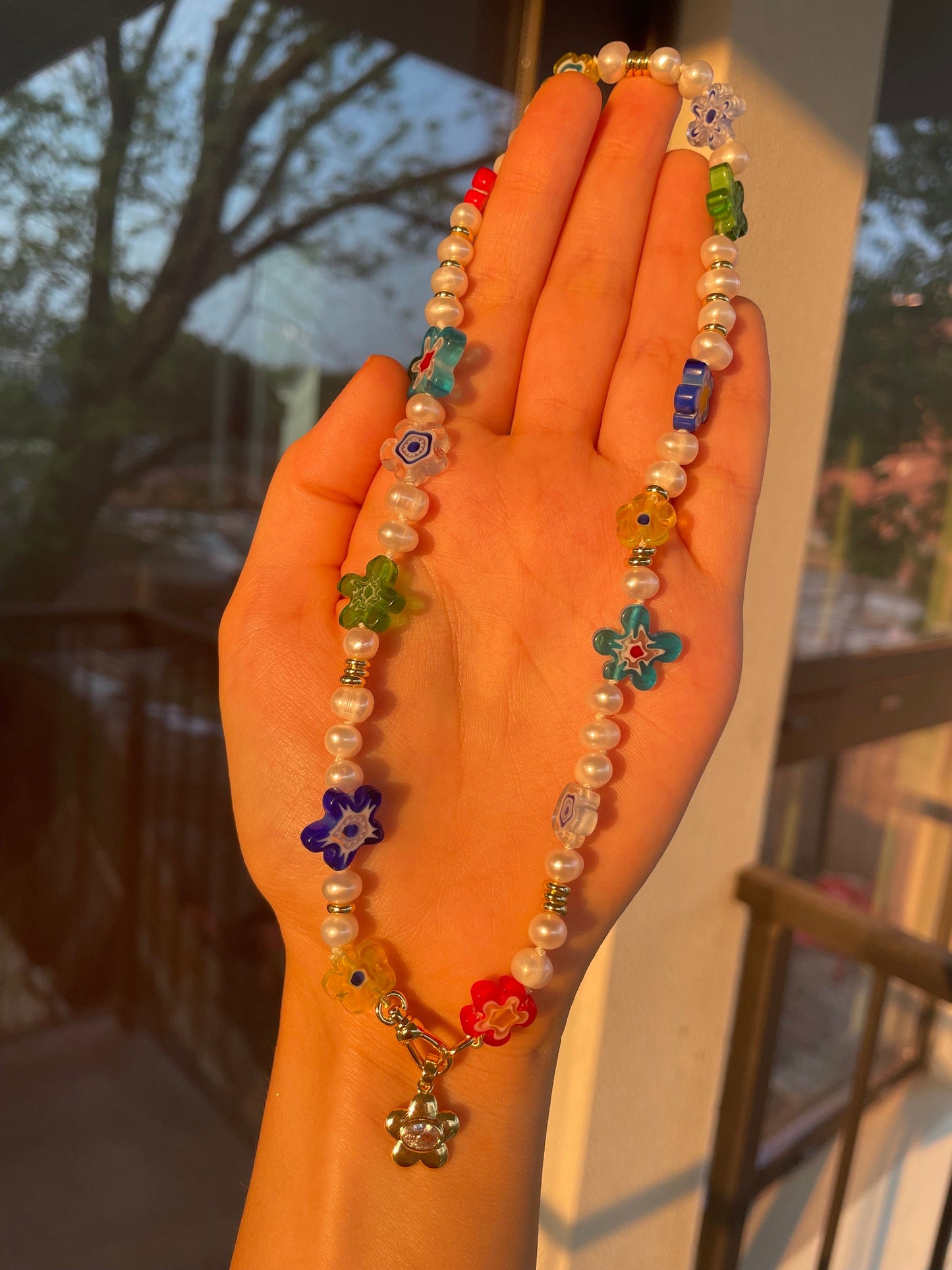 Freshwater Pearl Necklace: Millefiori Glass Flowers, 14k GF Clasp