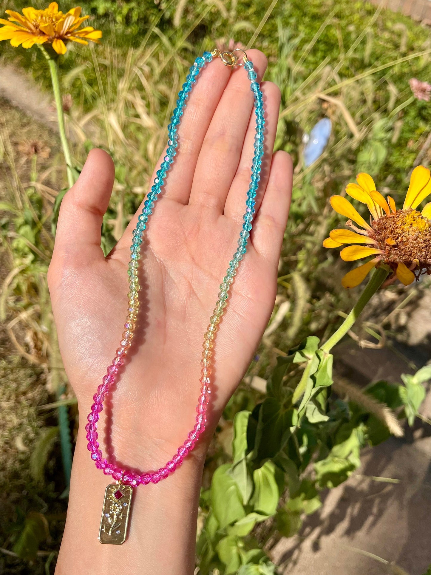 Rainbow Dip n’ Dots - Iridescent Choker & 14K Gold Filled Pendant