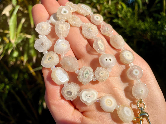 Auld Lang Syne - Quartz Druzy Medallion and Moonstone Statement Collar with Large 14K GF Enhancer Charm Clasp