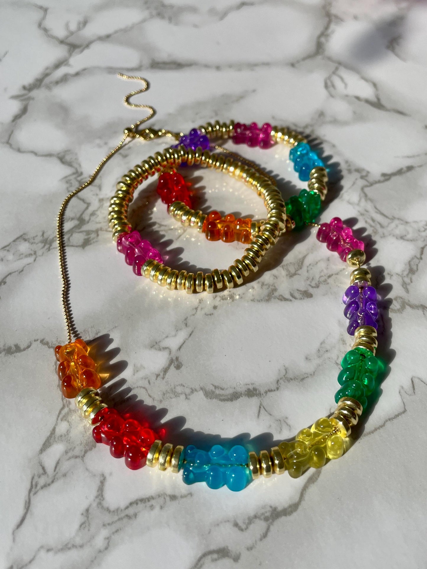 Goldie Bears - Rainbow Acrylic Gummy Bears & 14K GF Ball Bead Slider Chain