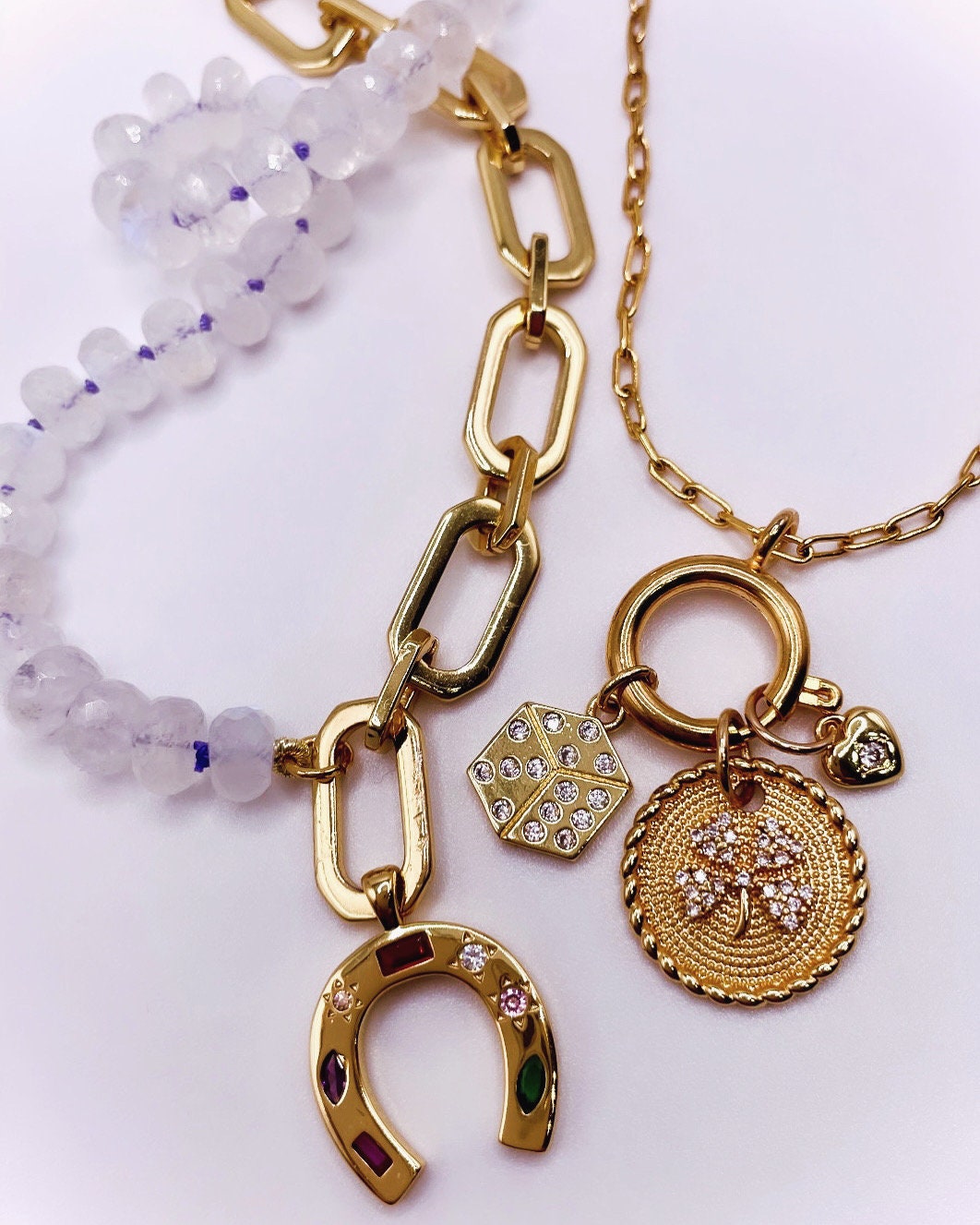 I’m So Lucky - Moonstone and 24K Gold Filled Chunky Chain with Gemmy Horseshoe Charm