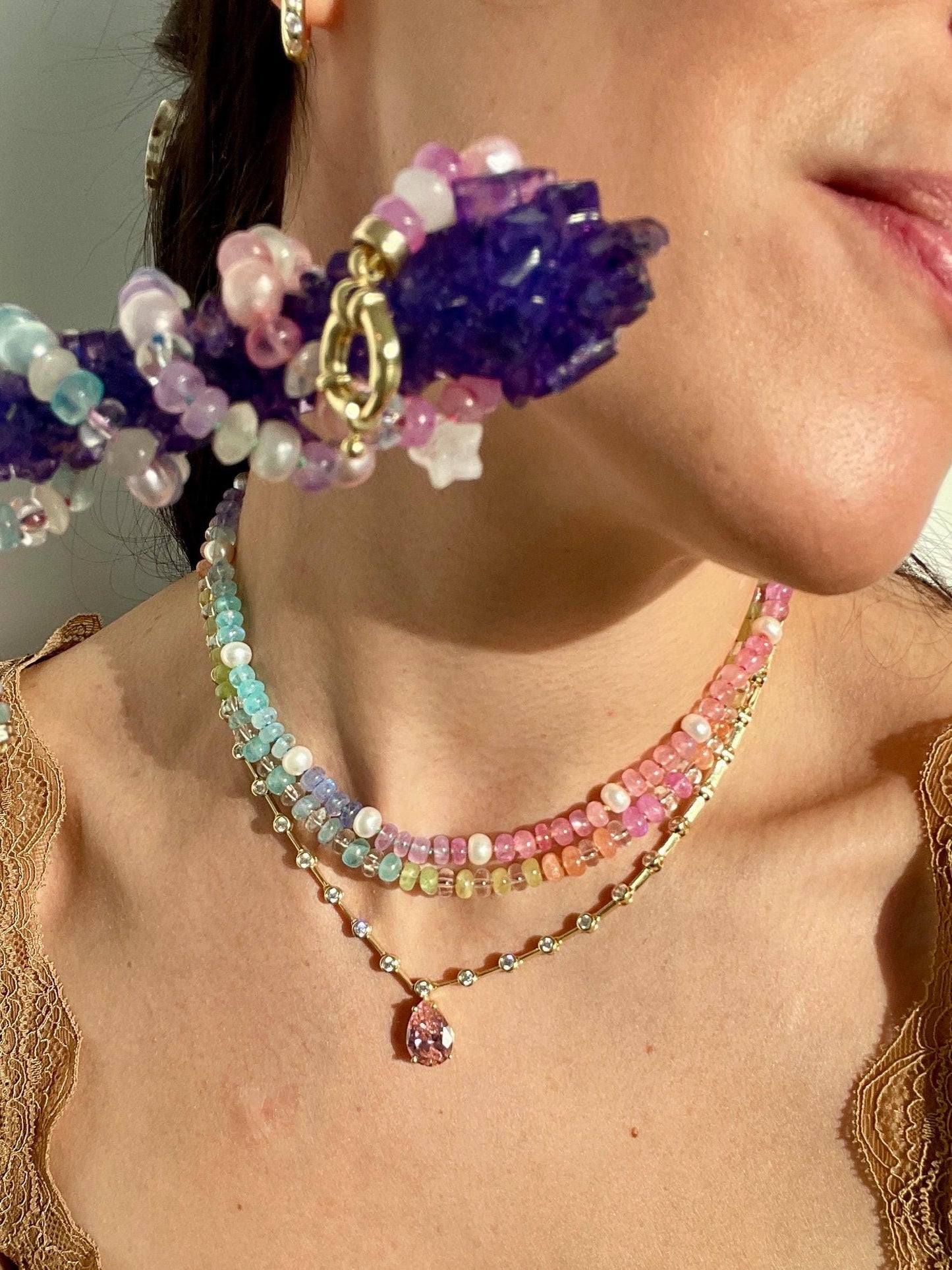 Kawaii Luxe Rainbow Moonstone, Pearl, Star & Quartz Choker, Gold Filled Clasp, Handknotted Silk Thread