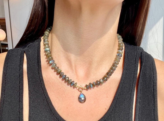 Recess on the BlackTop 3 Smooth Labradorite Hand Knotted Candy Necklace with 14K Solid Gold