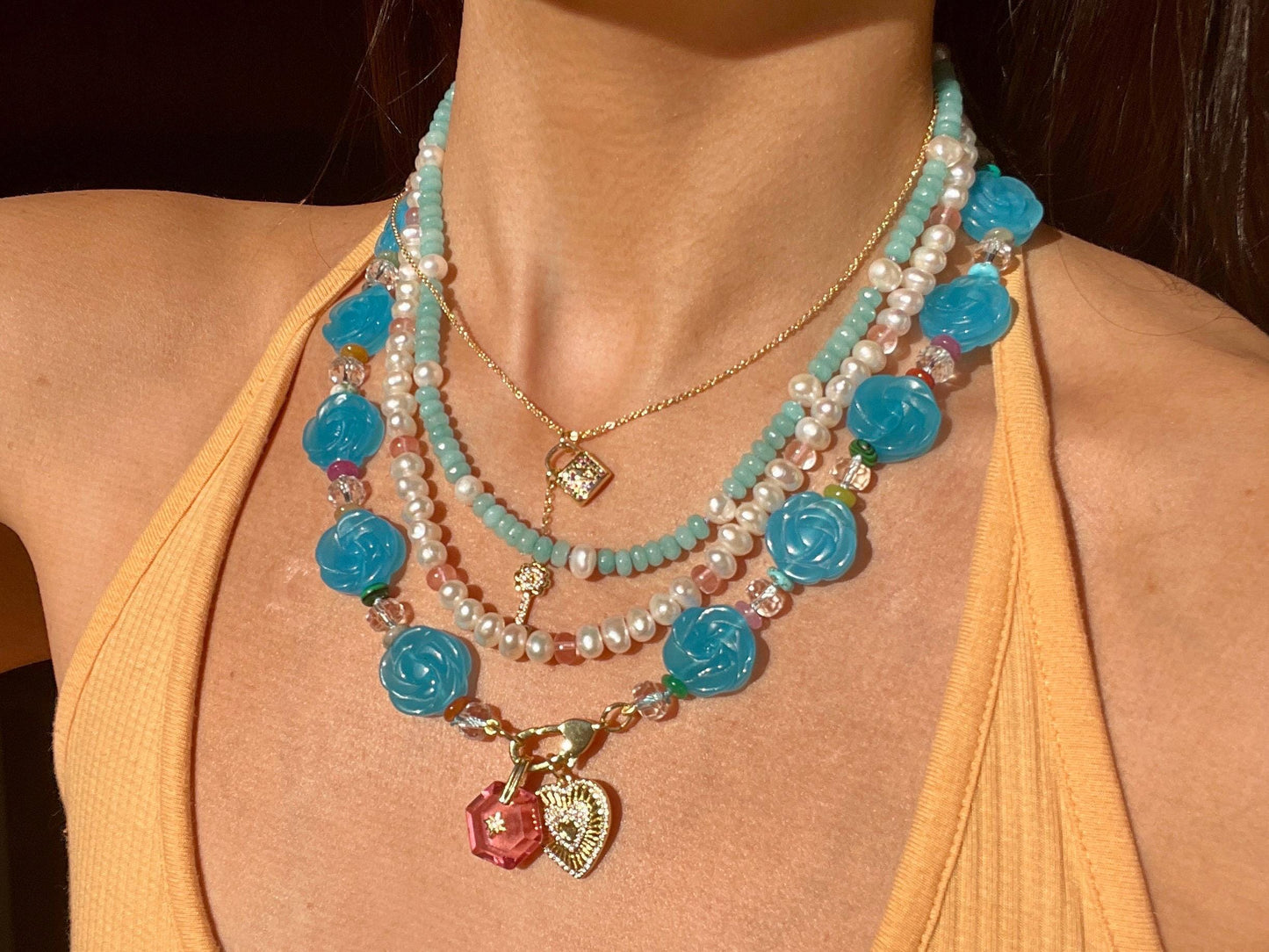 Strawberries & Cream 2 Fresh Water Pearl and Jade Gemstone Candy Necklace with Rainbow Enhancer Clasp and Art Deco Charm