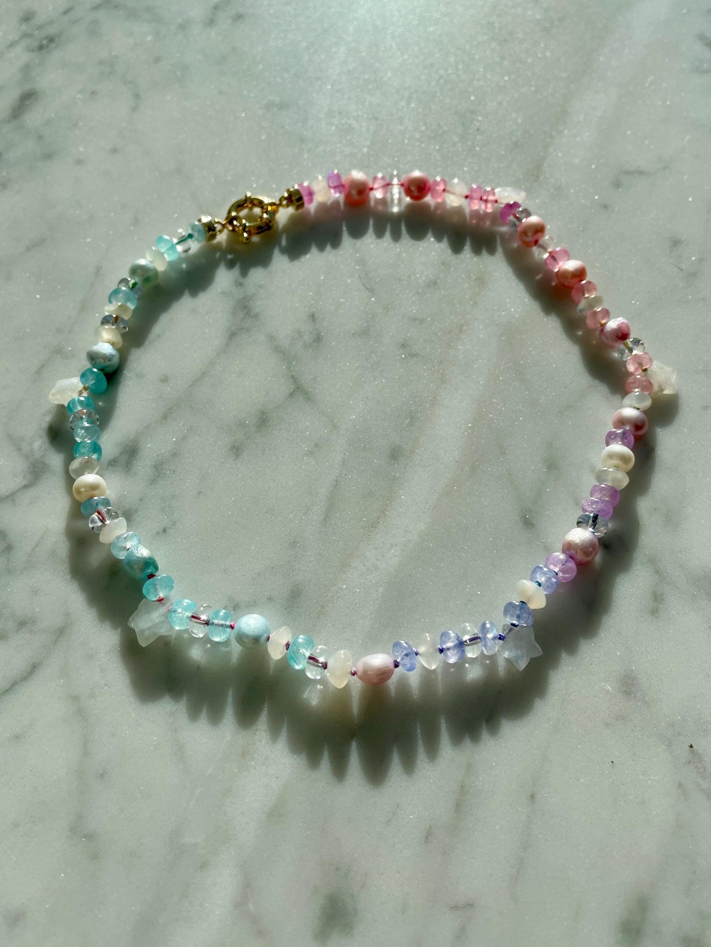 Kawaii Luxe Rainbow Moonstone, Pearl, Star & Quartz Choker, Gold Filled Clasp, Handknotted Silk Thread