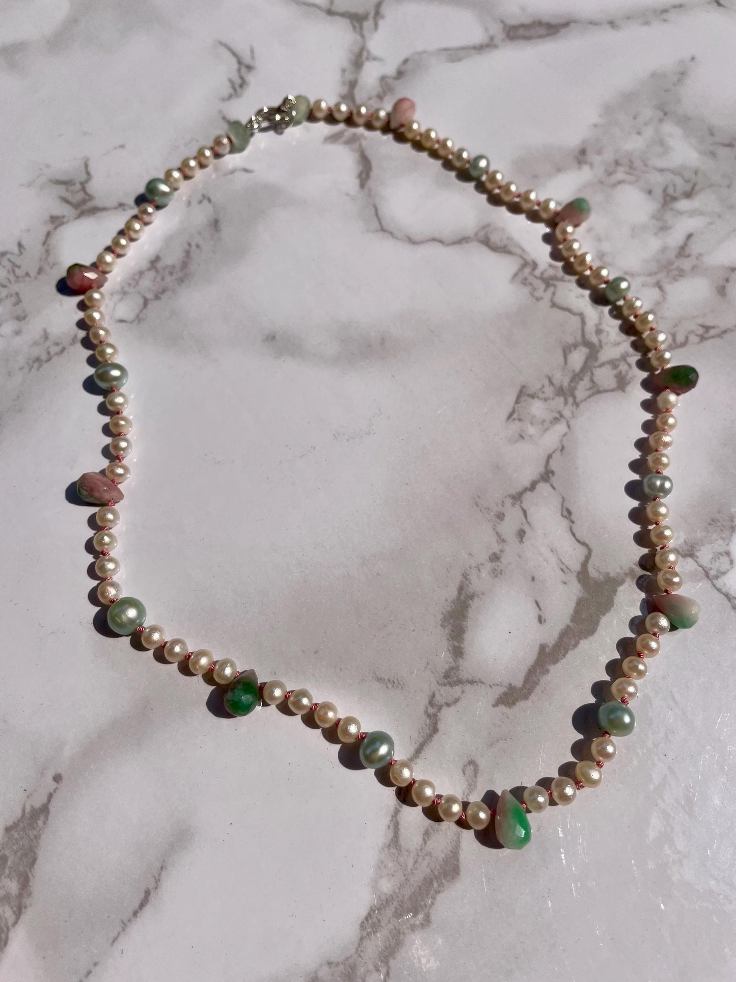 Watermelom Sugar High - Hand Knotted Freshwater Pearl and Watermelon Tourmaline Necklace