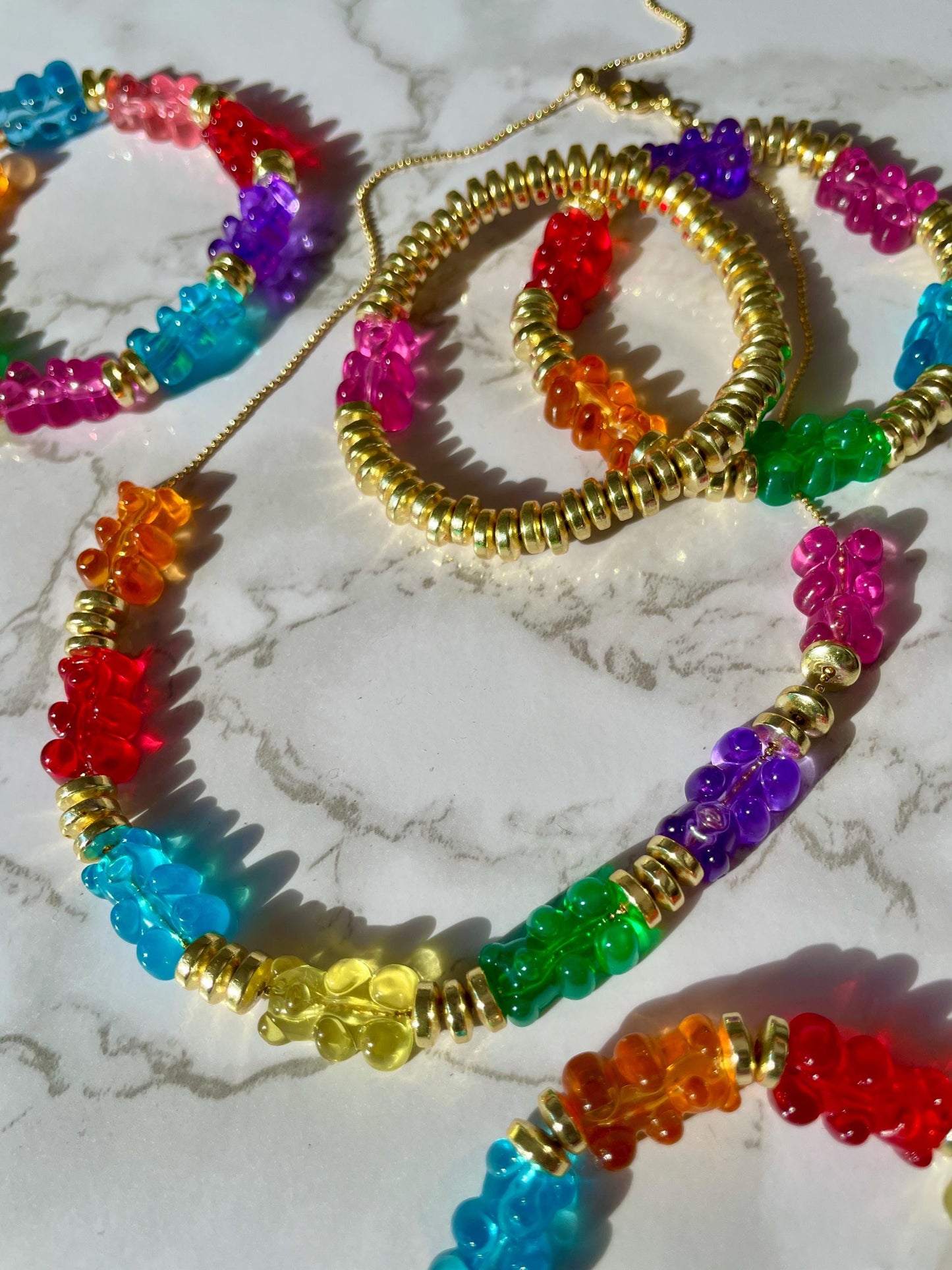 Goldie Bears - Rainbow Acrylic Gummy Bears & 14K GF Ball Bead Slider Chain
