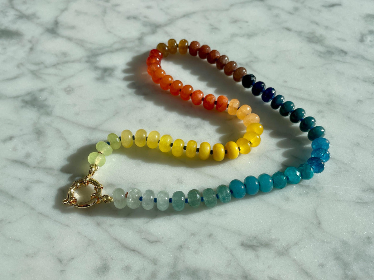 Cosmic Brownie - Ombre Tertiary Rainbow Gemstone Candy Necklace with 14K GF Enhancer Charm Clasp