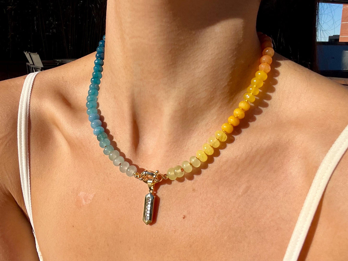 Cosmic Brownie - Ombre Tertiary Rainbow Gemstone Candy Necklace with 14K GF Enhancer Charm Clasp