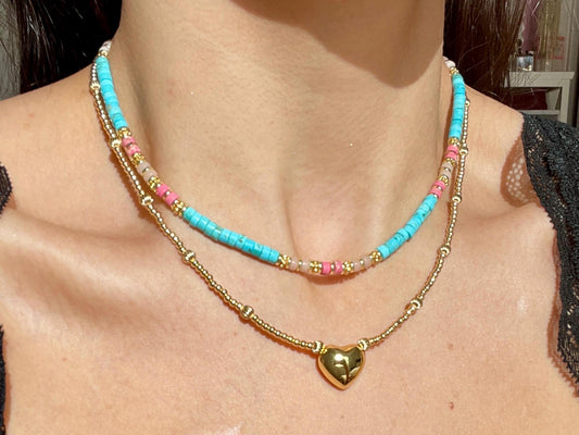 Lil Puff Heart Golden Beaded Choker Necklace