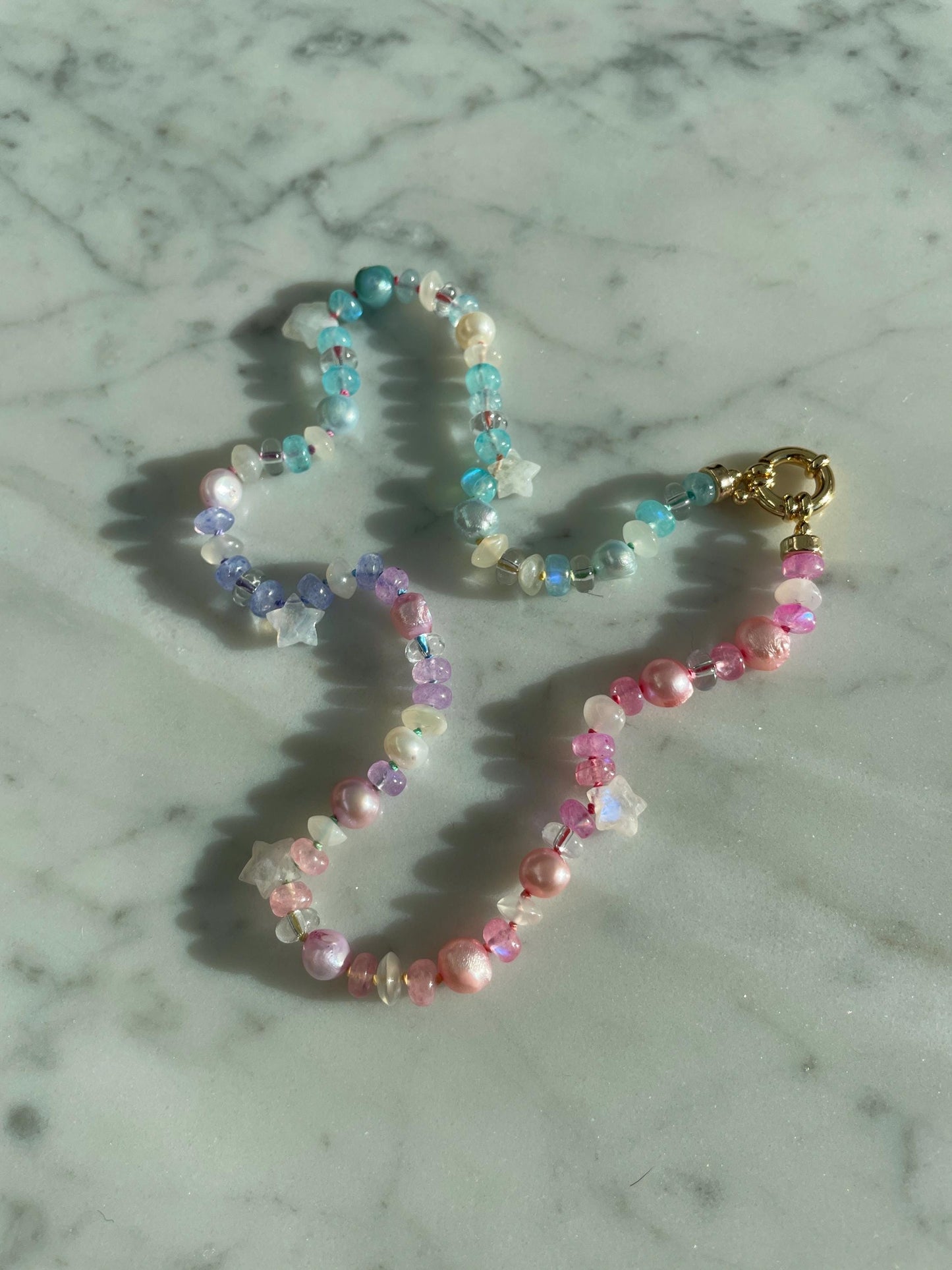 Kawaii Luxe Rainbow Moonstone, Pearl, Star & Quartz Choker, Gold Filled Clasp, Handknotted Silk Thread