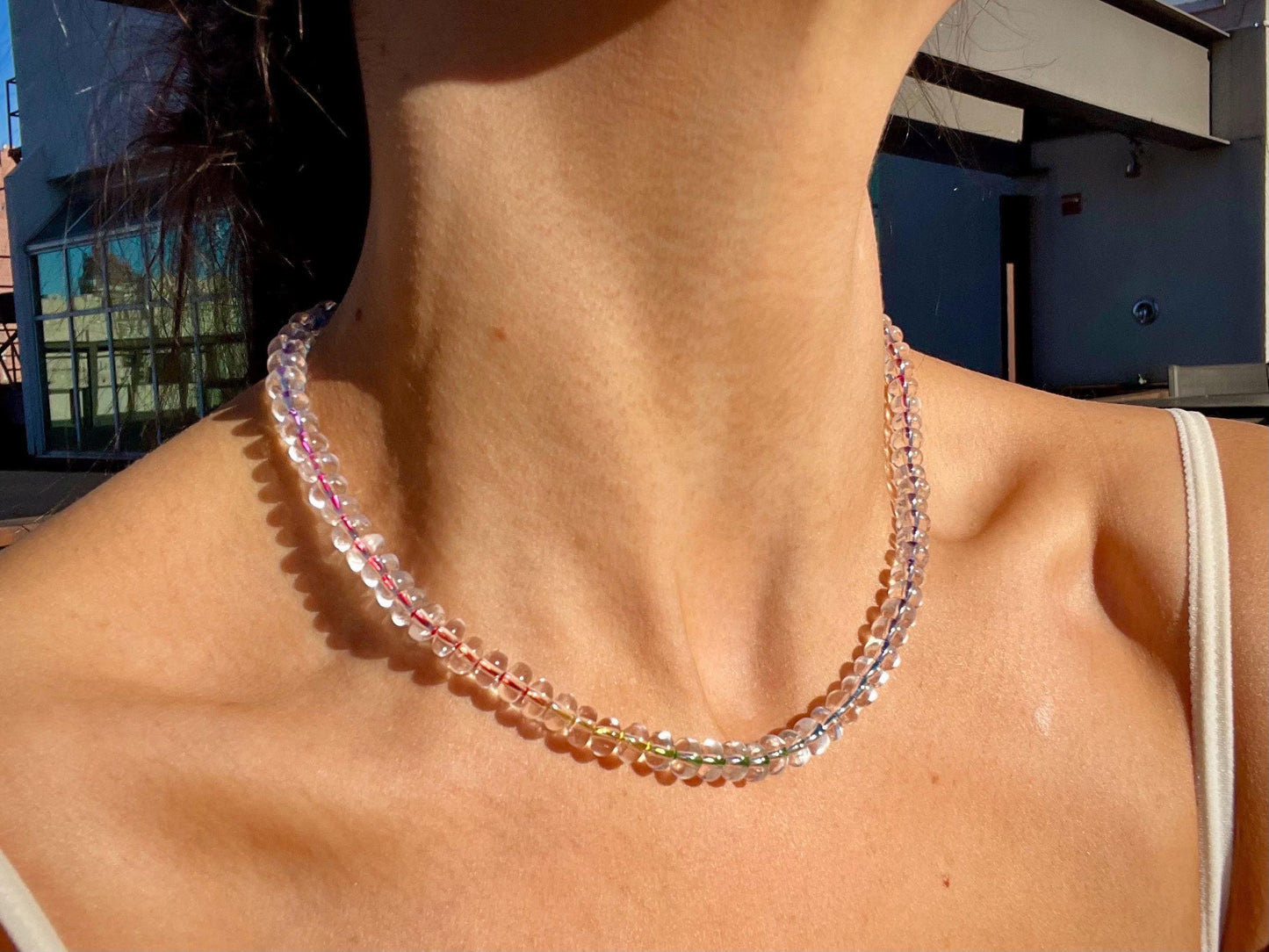 Lil Icee Brainfreeze - Hand Knotted Rainbow Silk and Quartz Gemstone Necklace with 14K GF Enhancer Charm Clasp