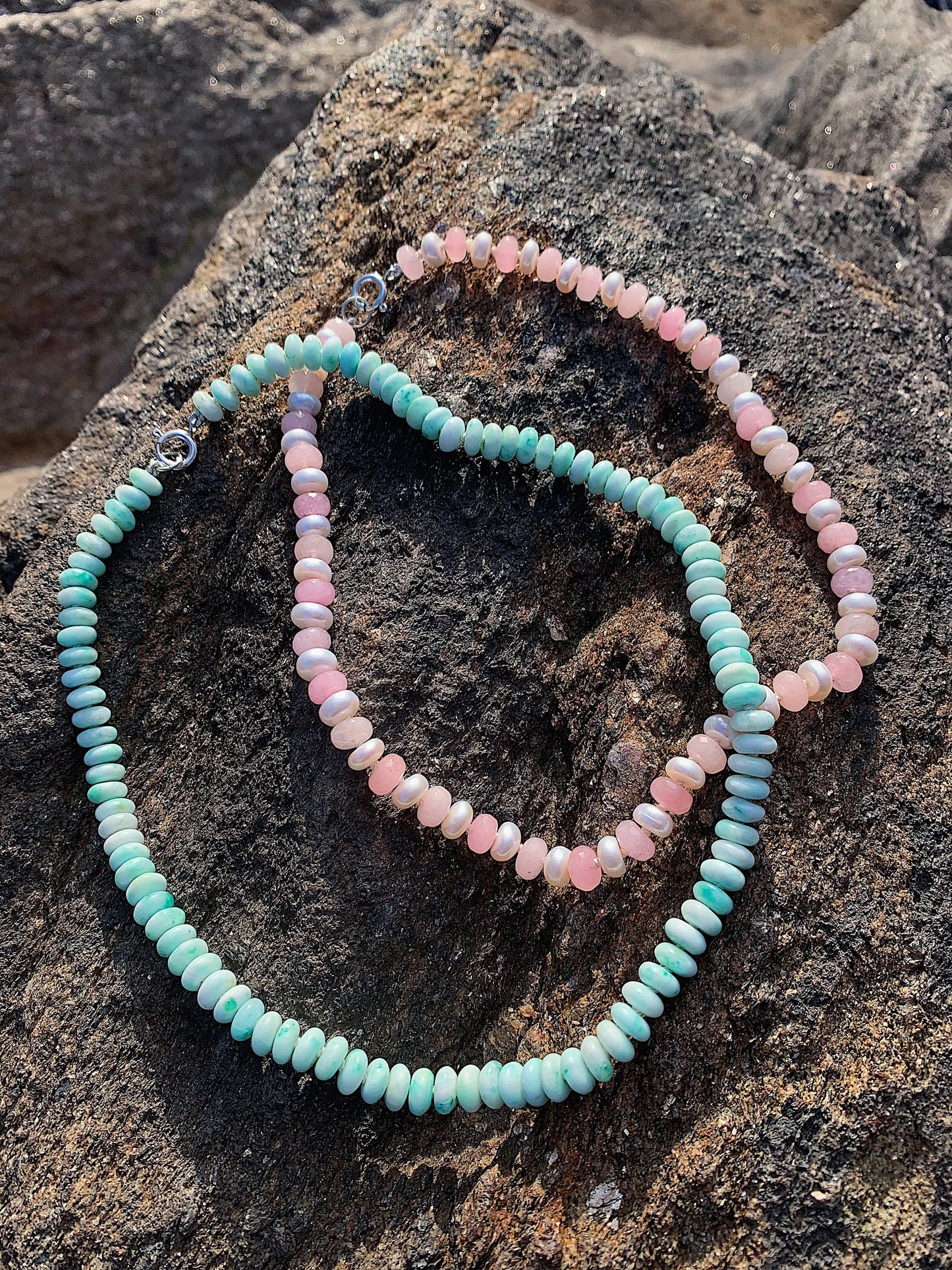 Strawberries & Cream Fresh Water Pearl and Jade Candy Necklace | Hand-Knotted with Sterling Silver