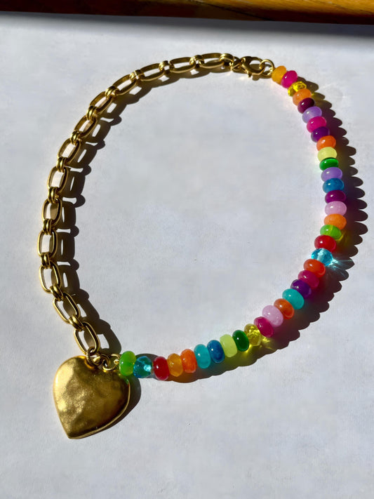 Lucky Charm Antique Brass Large Puffy Heart Charm Chain Necklace