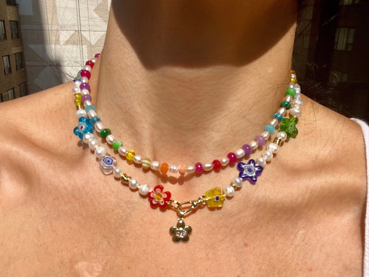 Flower Puff Power - Freshwater Pearl and Glass Flower Necklace with 14k GF Enhancer Clasp & Crystal Charm