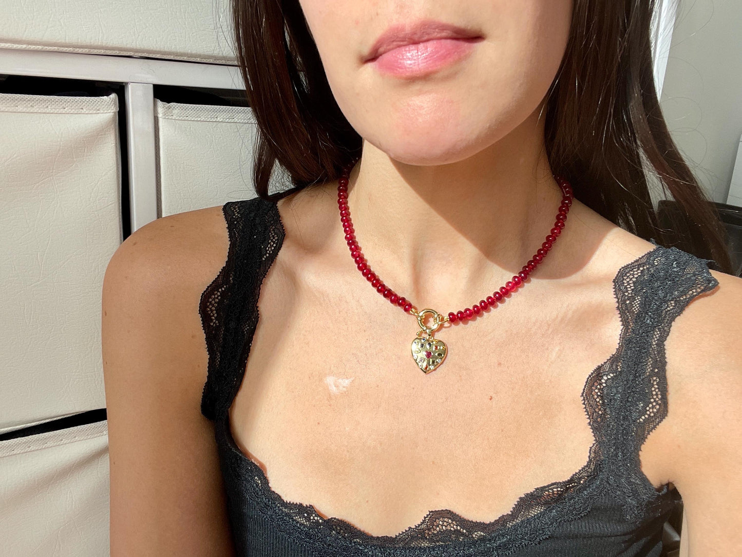 Sequin Gemstone Heart Charm and Handknotted Gemstone Necklace with 14K GF Enhancer Clasp