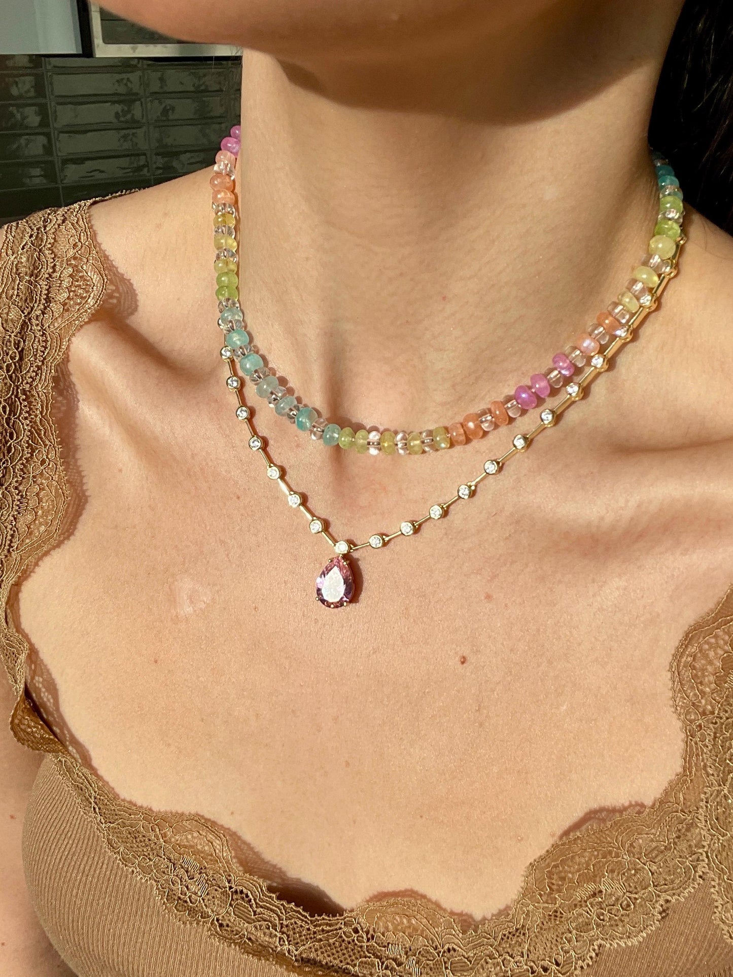 Rainbow Icee Luxe - Moonstone & Quartz Choker, 14K GF Clasp, Handknotted Silk Thread