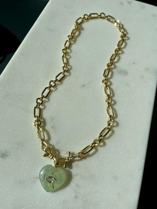 Bossy Mossy Prehnite and Topaz Lallipop Pendant Bow Chain Necklace