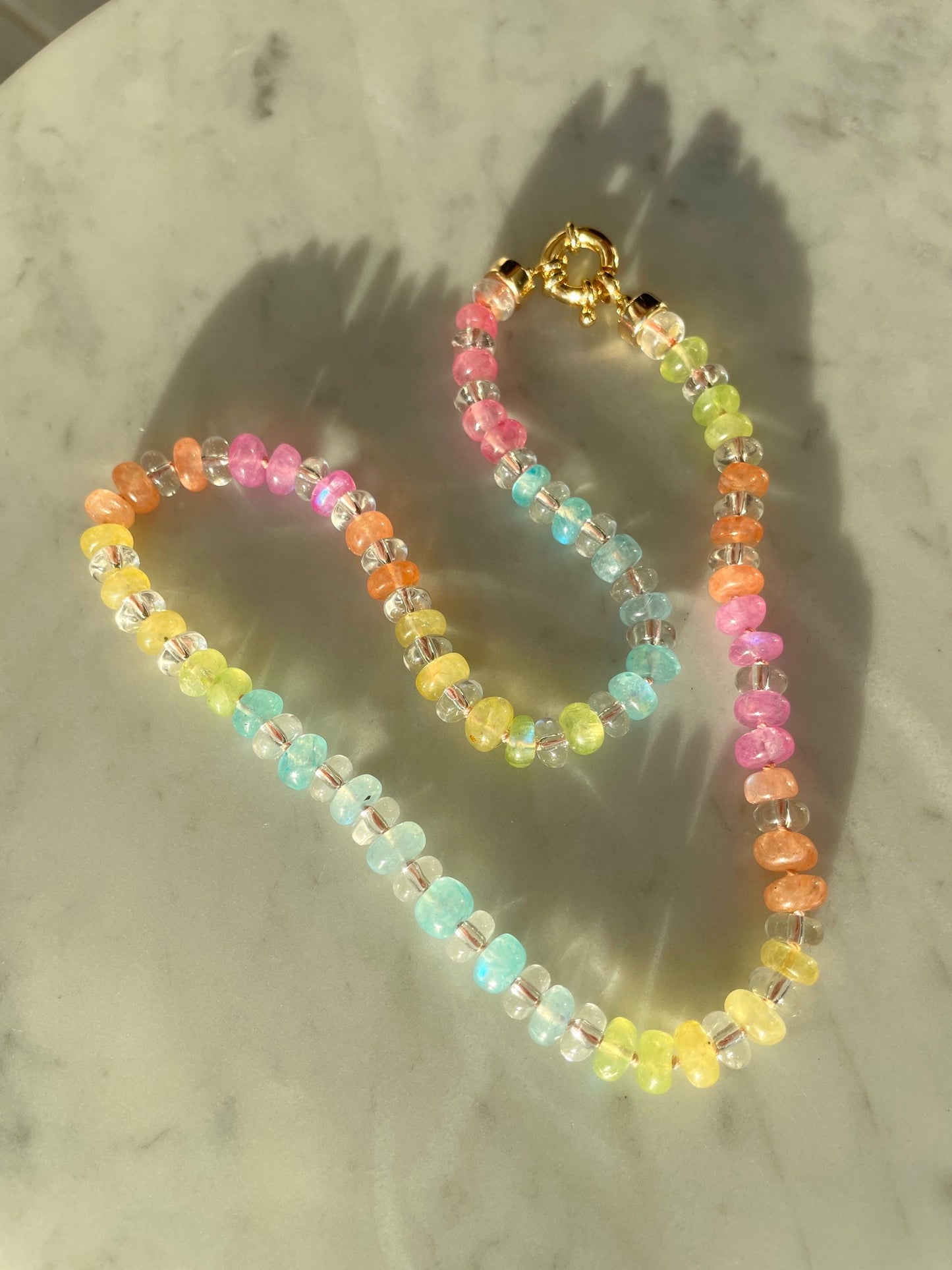 Rainbow Icee Luxe - Moonstone & Quartz Choker, 14K GF Clasp, Handknotted Silk Thread