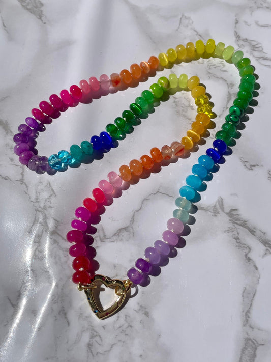 Sweetheart Skittles - Hand-Knotted Rainbow Gemstone Candy Necklace with Gold Filled Heart Enhancer