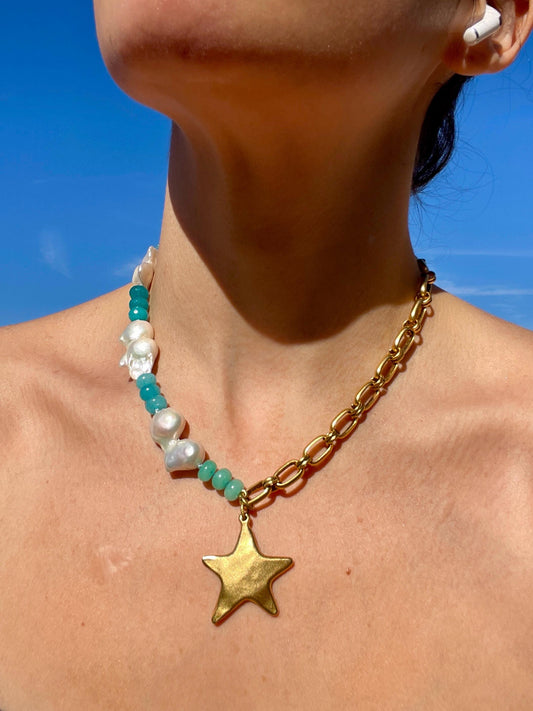 Peapod Squad - Freshwater Pearl, Gemstone, & Antique Brass Large Star Charm Chain Necklace