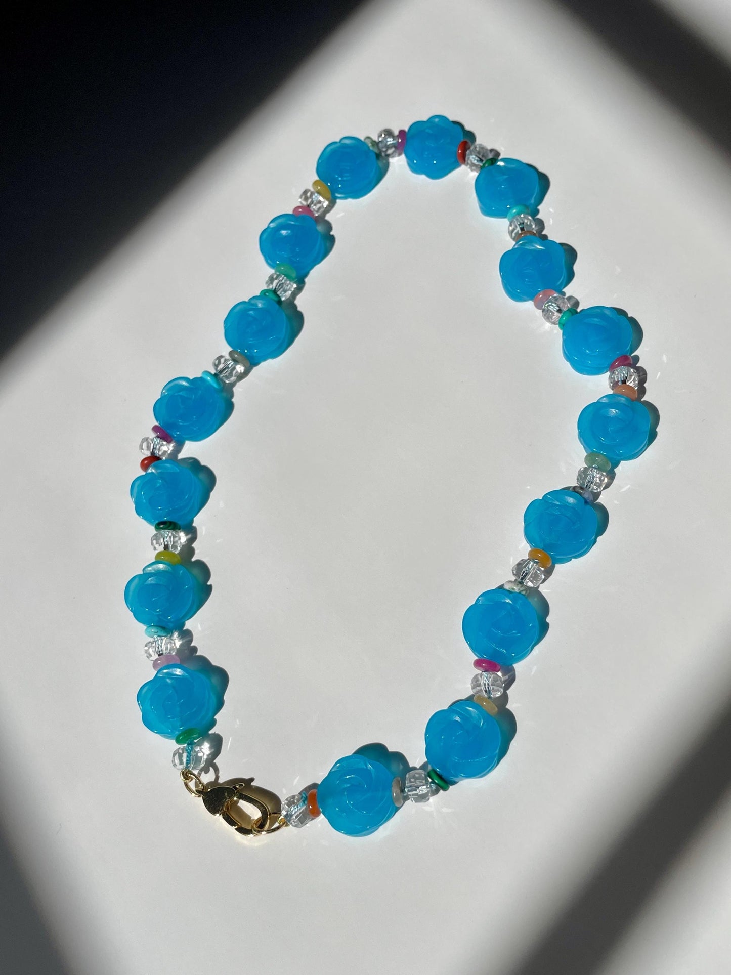 The Blue Lei | Jade Flowers, Quartz, and Mixed Heishi Gemstones with 14K GF Heart Enhancer Clasp