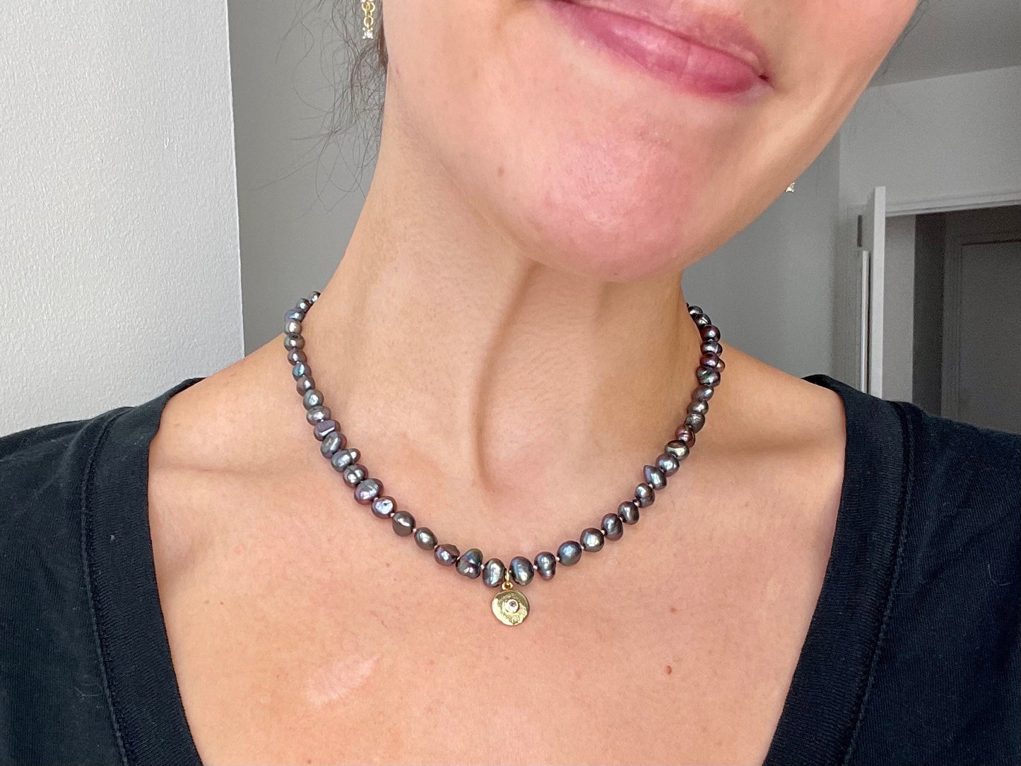 Ursula’s Part of Your World- Hand-knotted Black Pearl and 14K Gold Filled Disk Charm