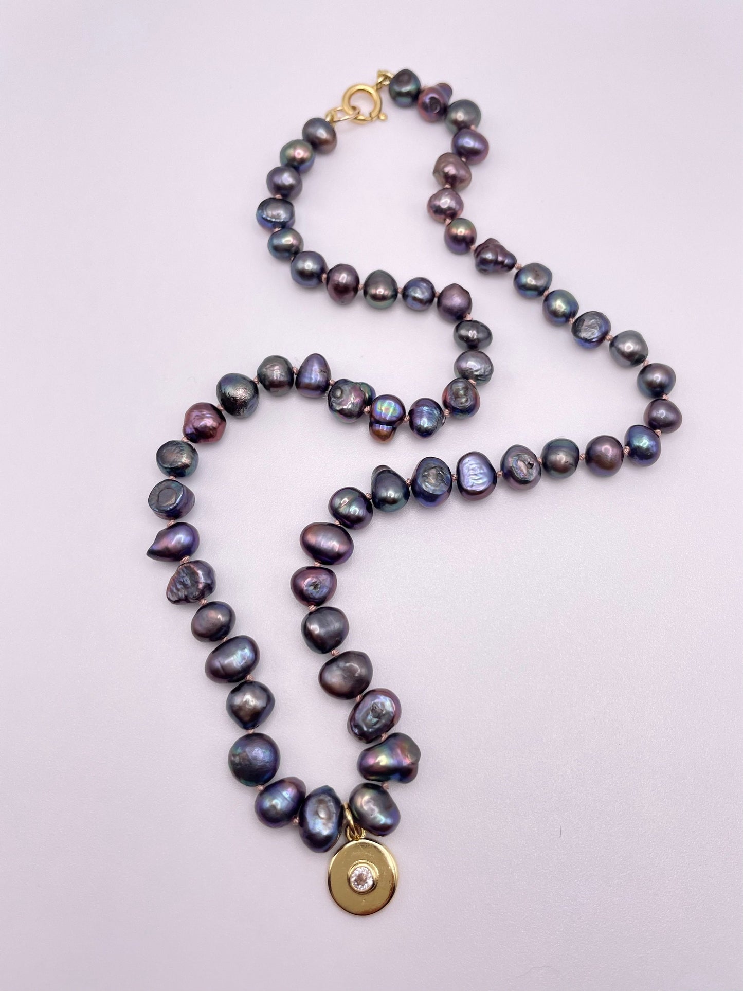 Ursula’s Part of Your World- Hand-knotted Black Pearl and 14K Gold Filled Disk Charm