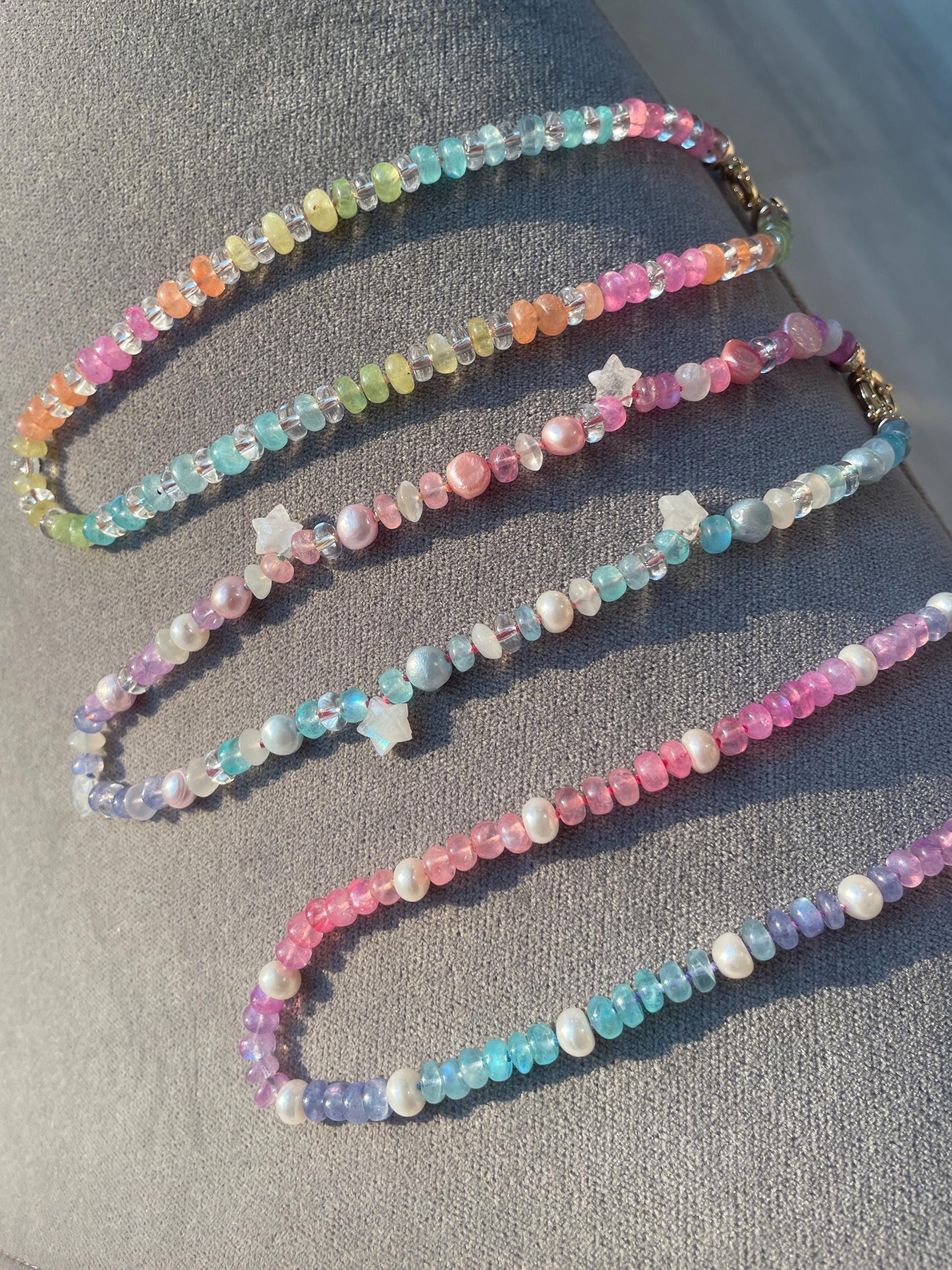 Mixed Berries & Cream Luxe - Rainbow Moonstone and Pearl Choker, GF Clasp, Hand Knotted Silk Thread