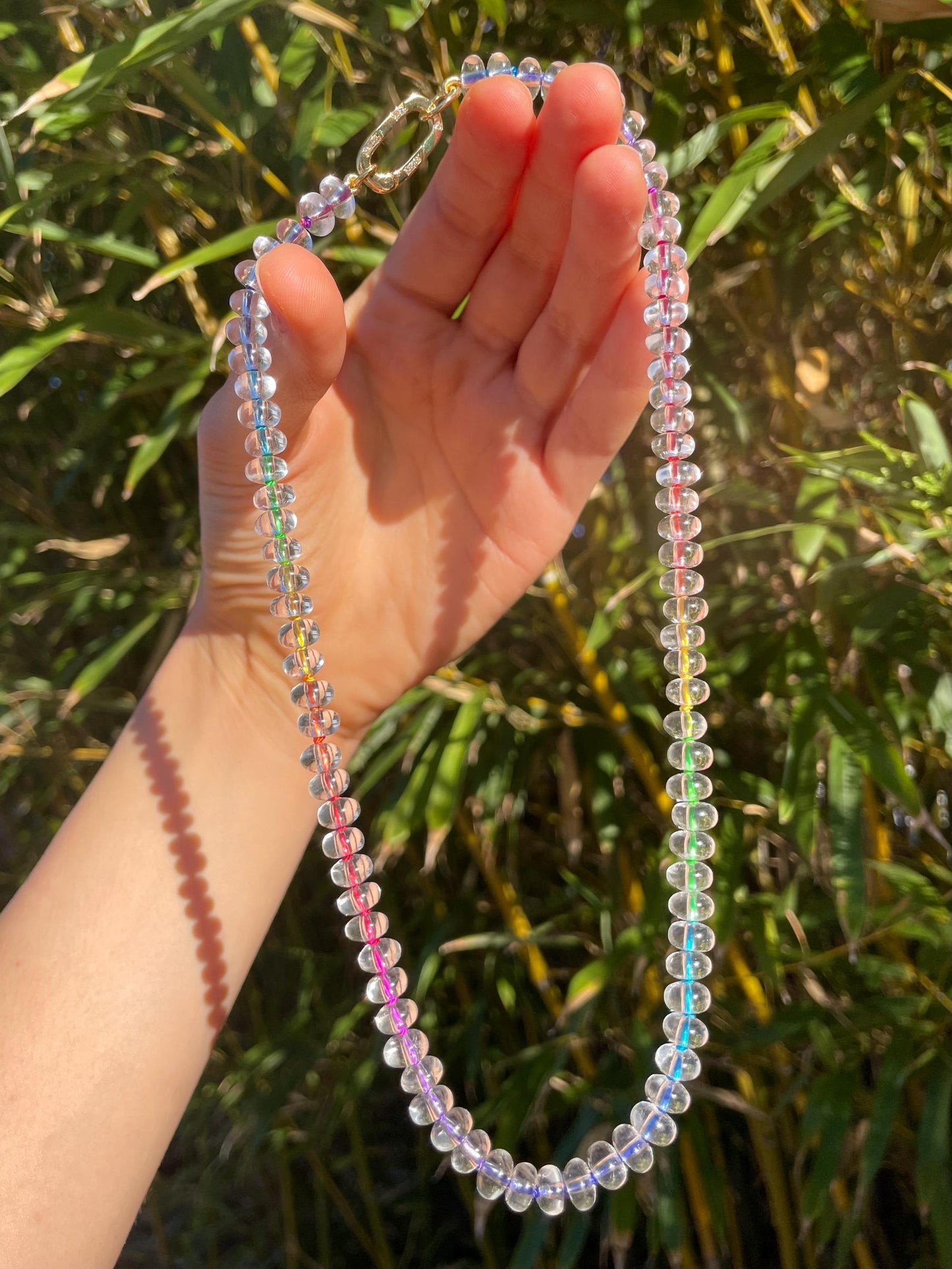 Lil Icee Brainfreeze - Hand Knotted Rainbow Silk and Quartz Gemstone Necklace with 14K GF Enhancer Charm Clasp