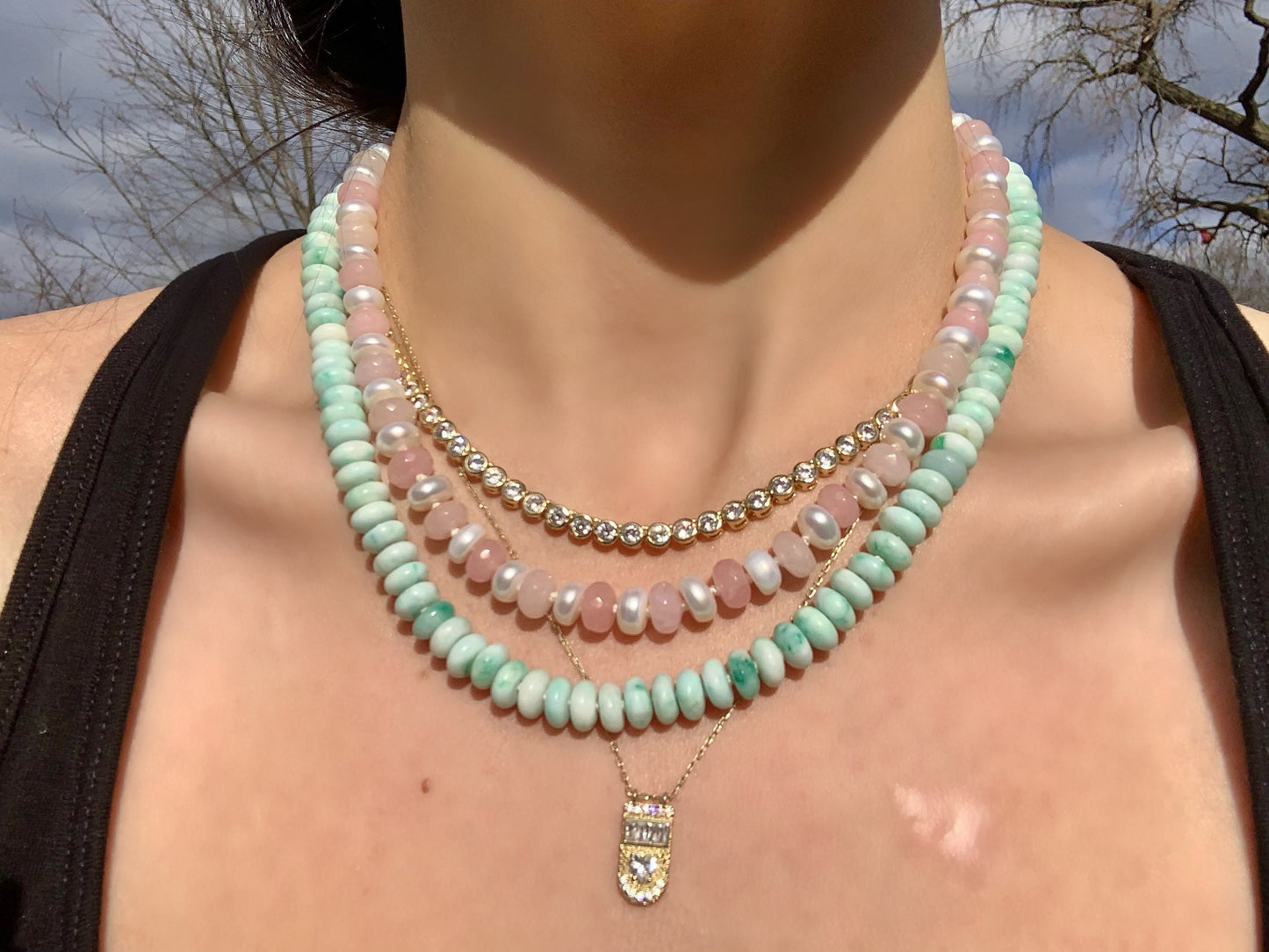 Strawberries & Cream Fresh Water Pearl and Jade Candy Necklace | Hand-Knotted with Sterling Silver