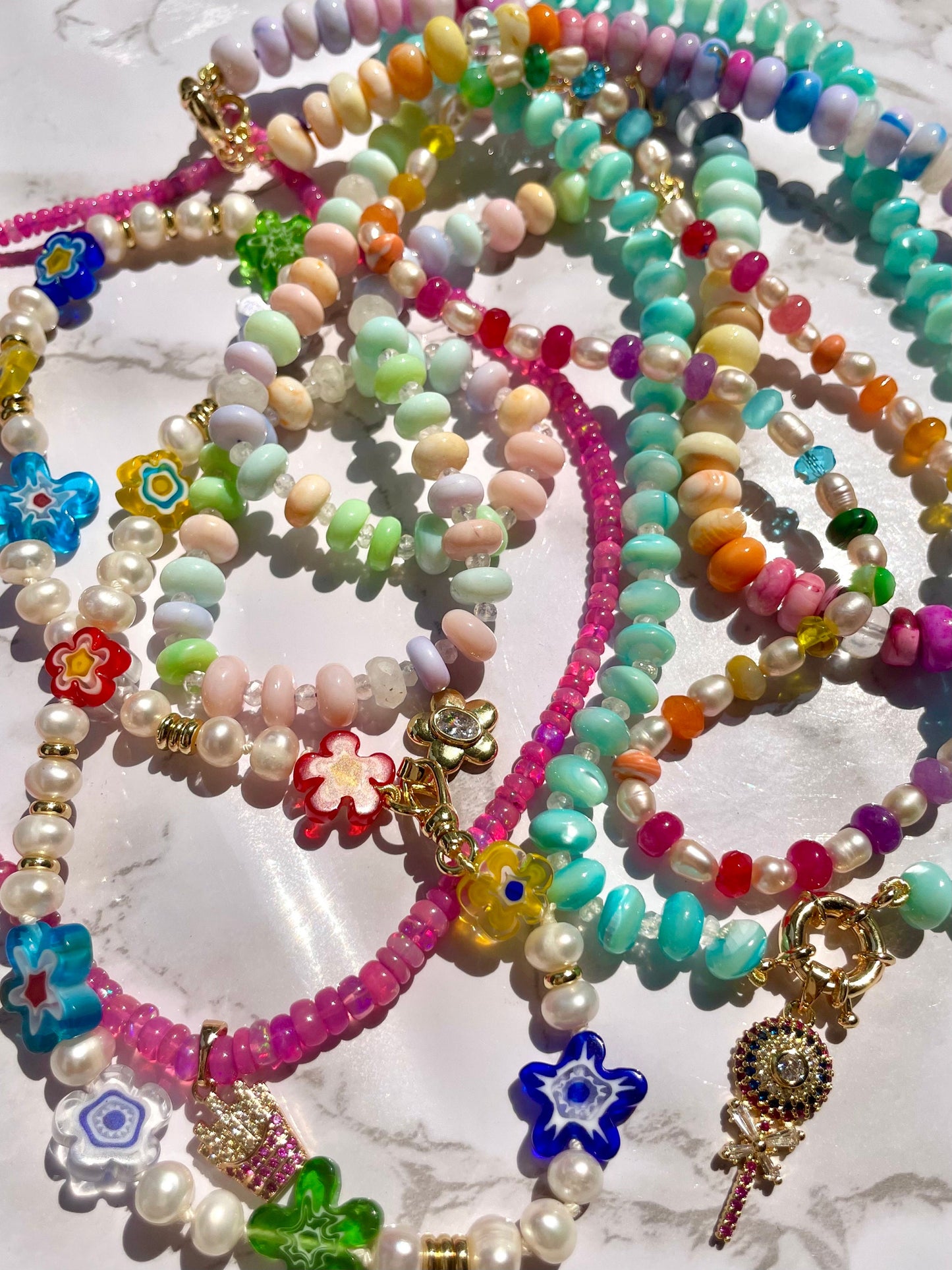 Freshwater Pearl Necklace: Millefiori Glass Flowers, 14k GF Clasp