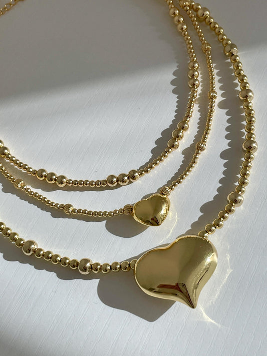 Big Puff Heart Golden Beaded Choker Necklace