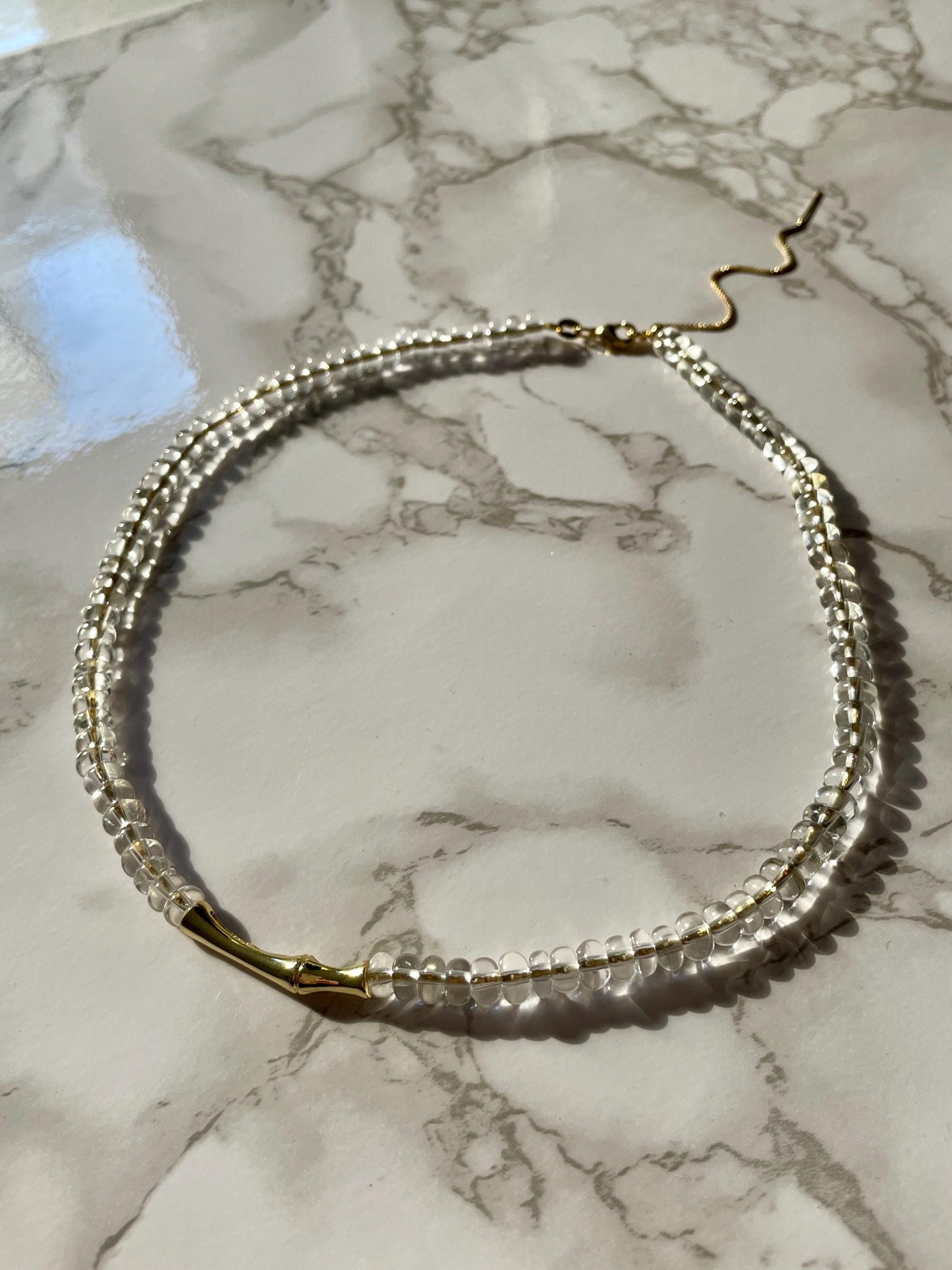 Quartz Gemstone Necklace: 14K GF Chain, Golden Bamboo