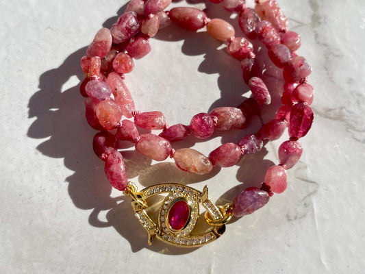 Rubelite Monkies Gemstone Necklace with Evil Eye Enhancer Clasp