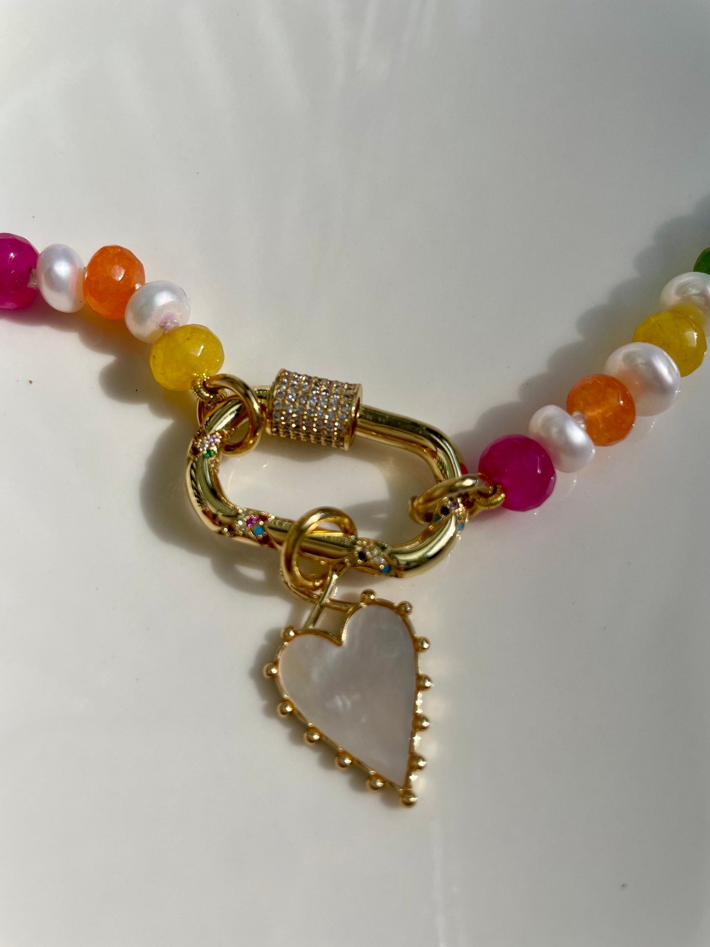 Lucky Charms with Whole Milk Gemstone and Freshwater Pearl Candy Necklace | 14K Gold Filled Charm Bar Carabiner | 18”
