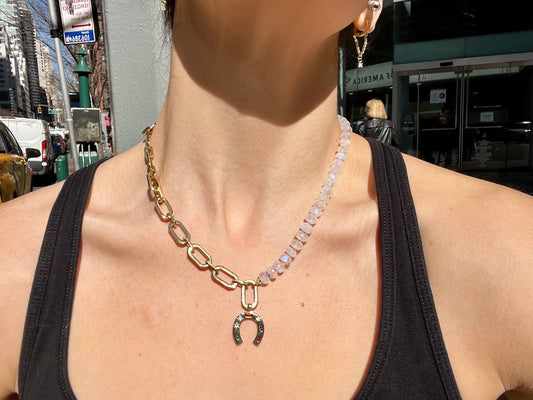 I’m So Lucky - Moonstone and 24K Gold Filled Chunky Chain with Gemmy Horseshoe Charm
