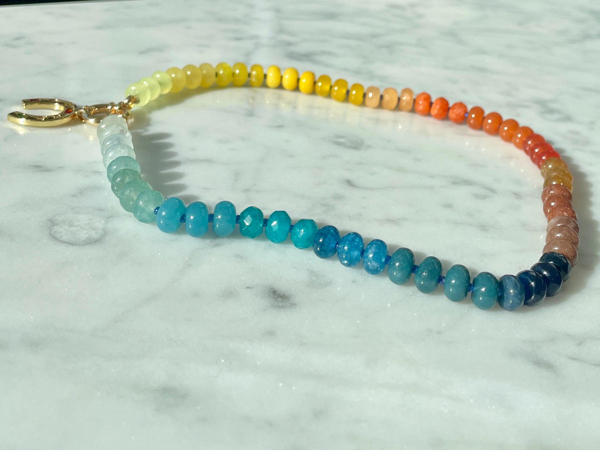 Cosmic Brownie - Ombre Tertiary Rainbow Gemstone Candy Necklace with 14K GF Enhancer Charm Clasp
