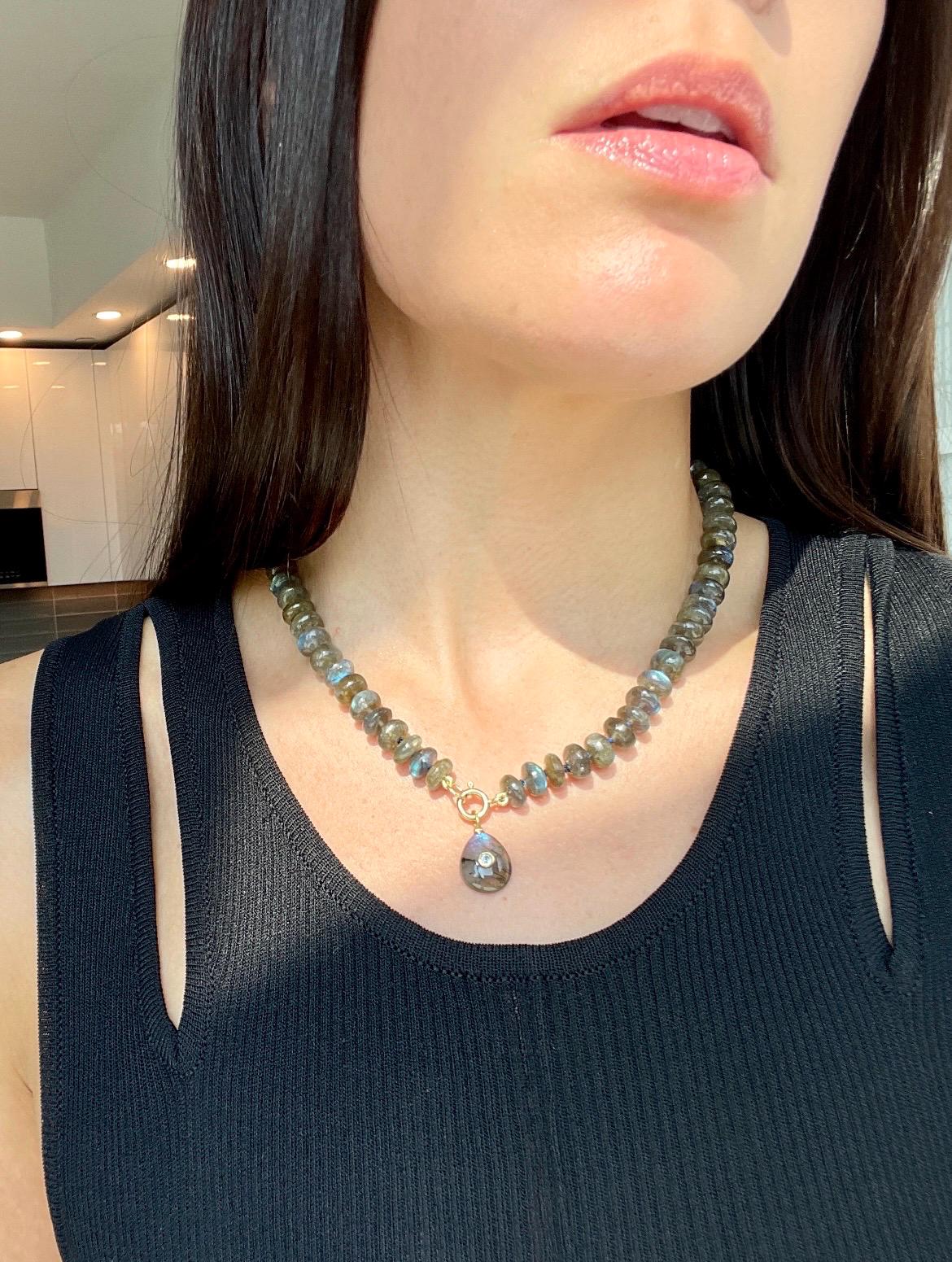 Recess on the BlackTop 3 Smooth Labradorite Hand Knotted Candy Necklace with 14K Solid Gold
