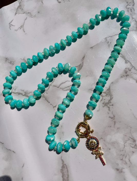 My Mom Said No - Blue Mother of Pearl and Moonstone Gemstone Necklace