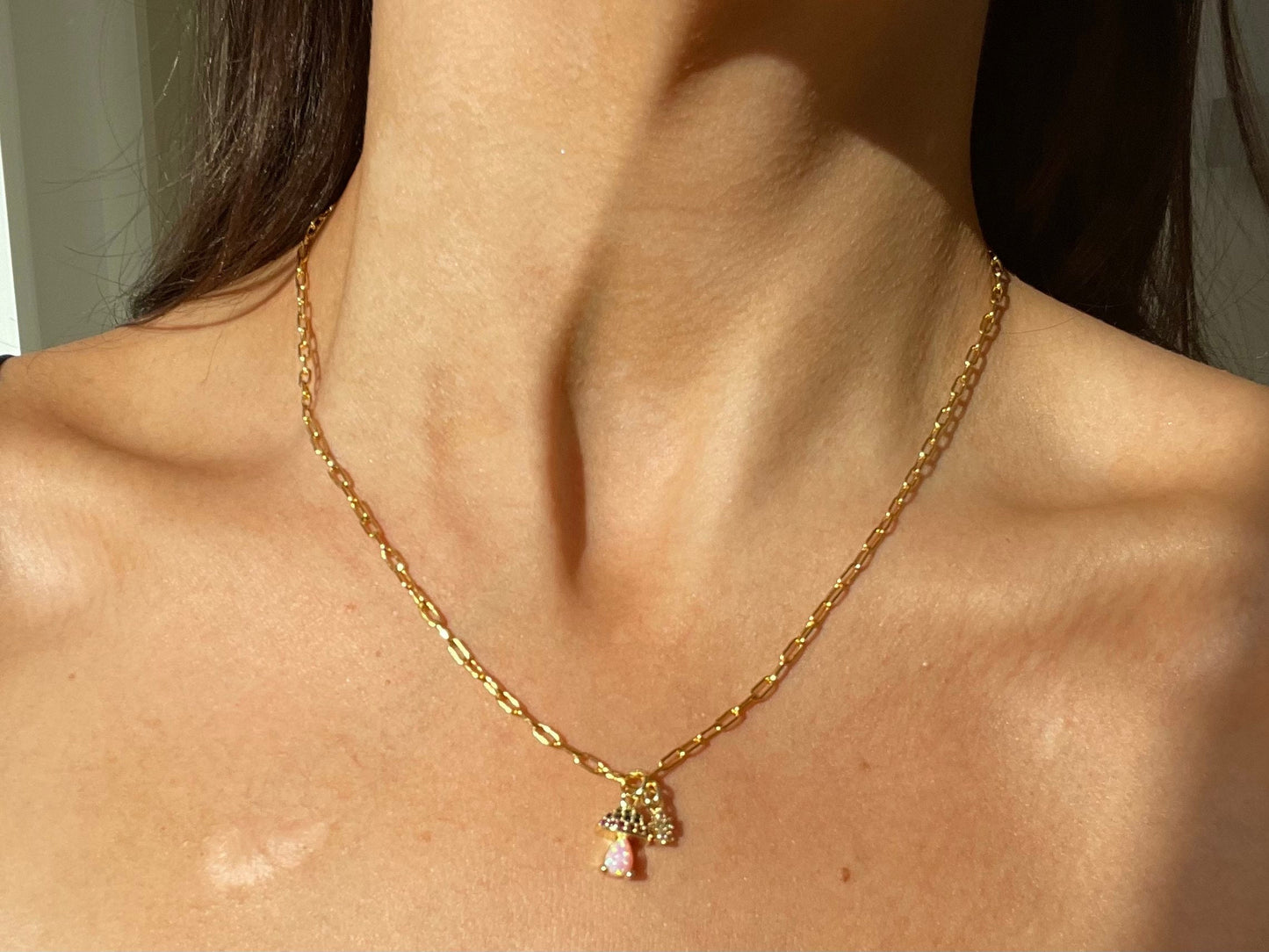 Mush Crush - Opalite Mushroom Charm Pendant on 24K Gold Filled Paper Clip Chain