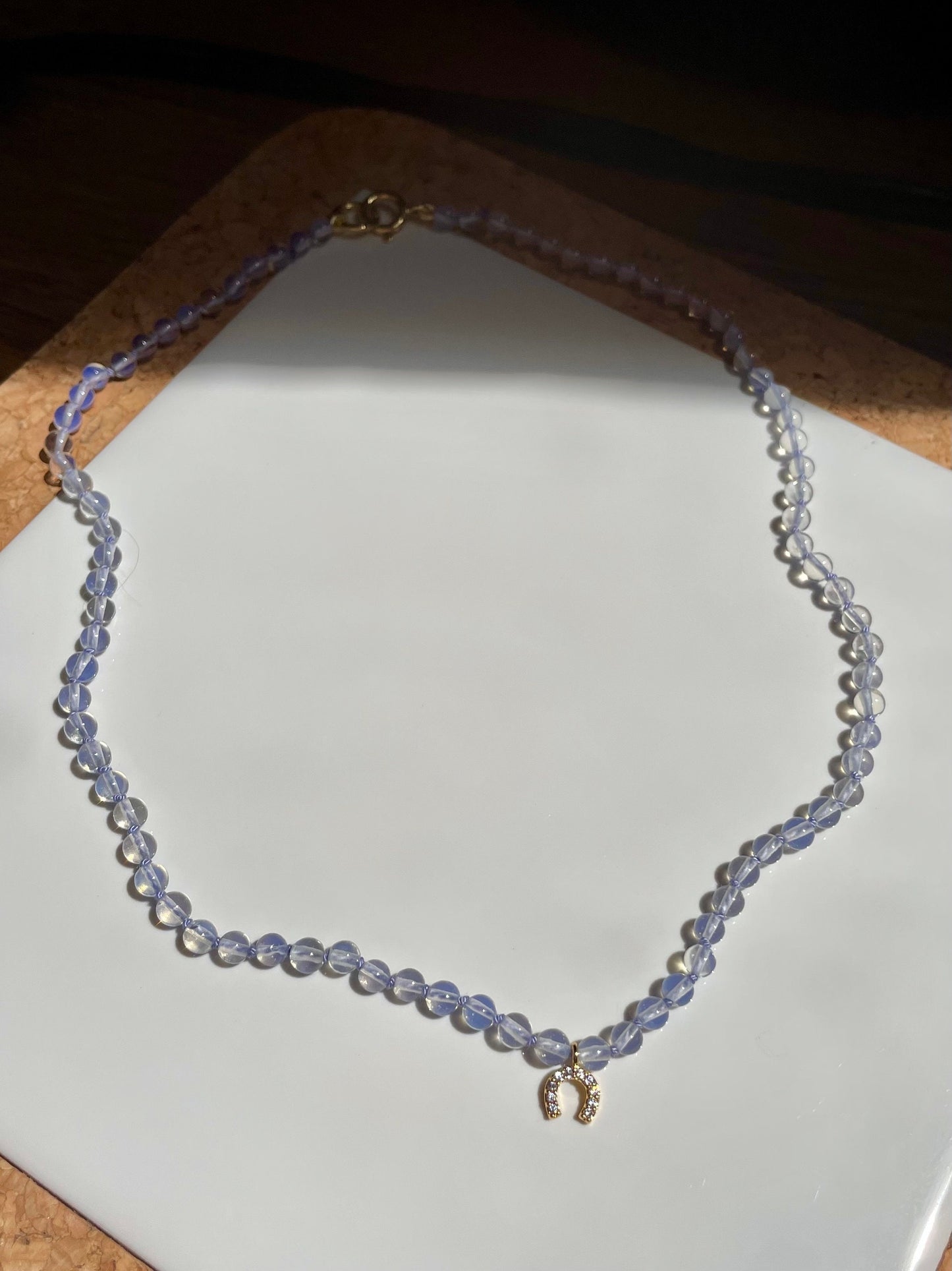 Hubba Bubba Lucky Double Bubble - Handknotted Opalite Choker with 14K GF Crystal Horseshoe Charm