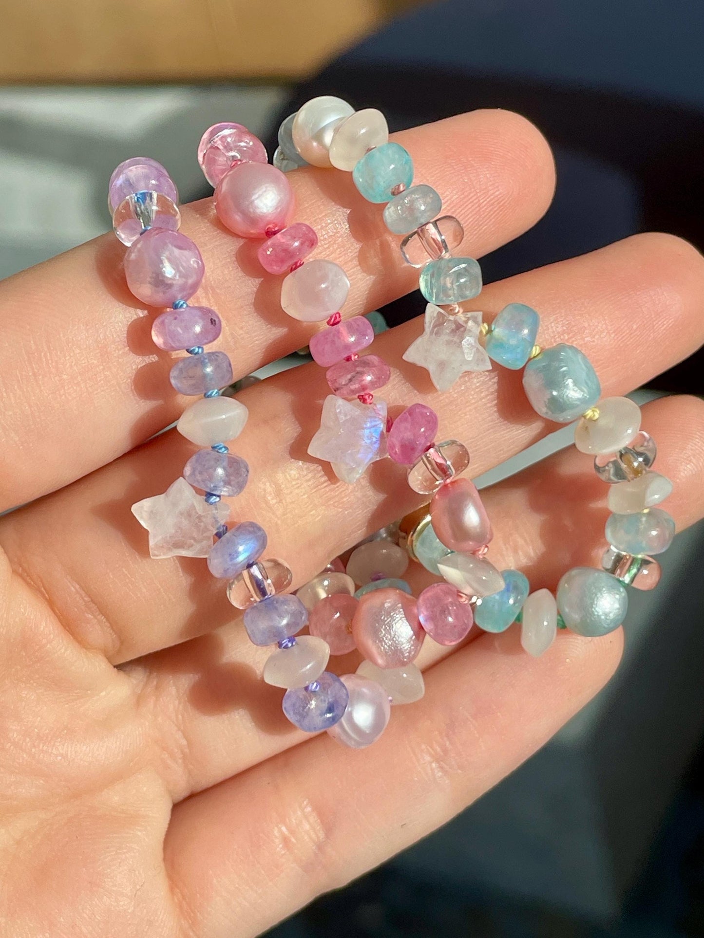 Kawaii Luxe Rainbow Moonstone, Pearl, Star & Quartz Choker, Gold Filled Clasp, Handknotted Silk Thread