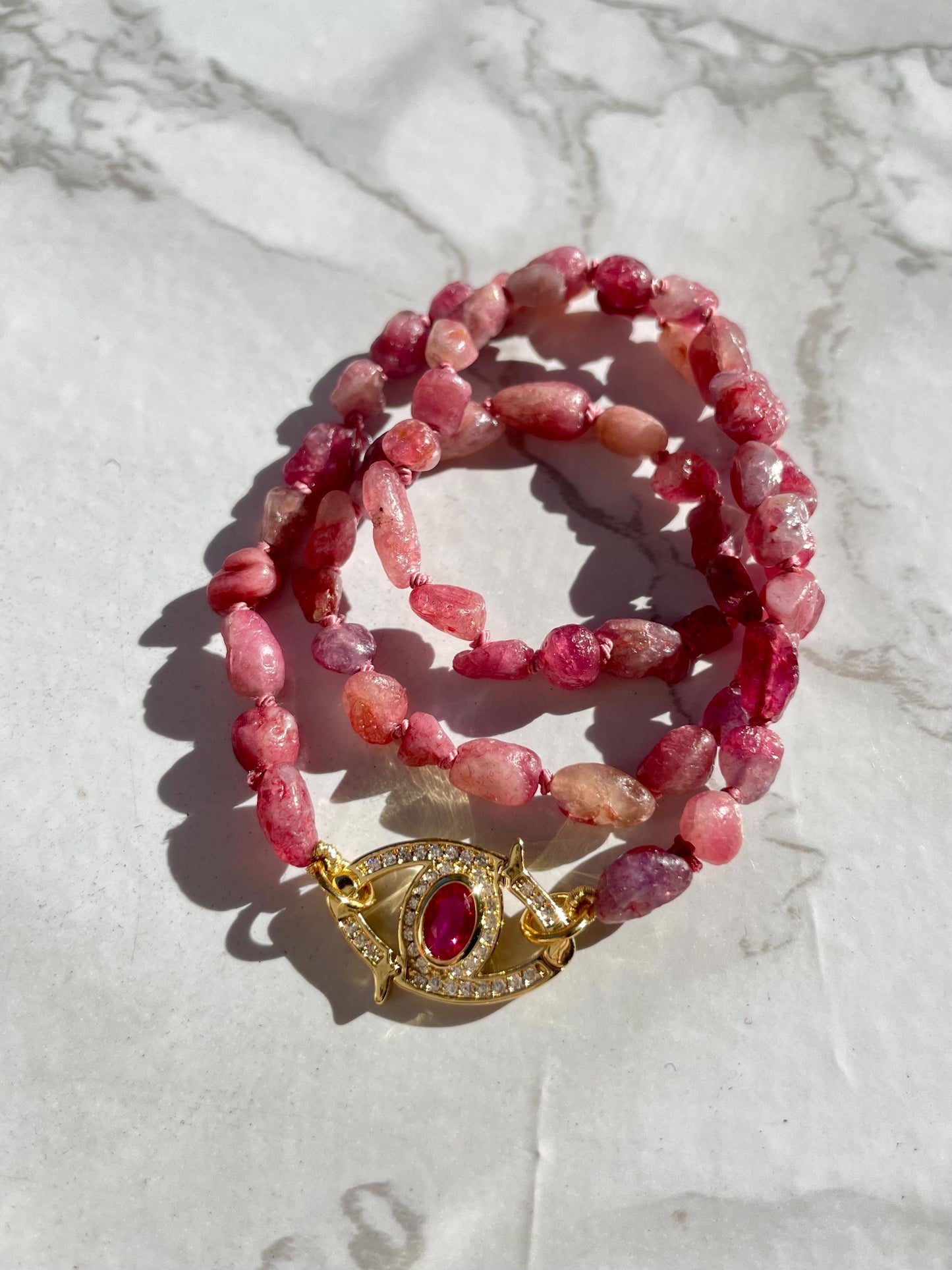 Rubelite Monkies Gemstone Necklace with Evil Eye Enhancer Clasp
