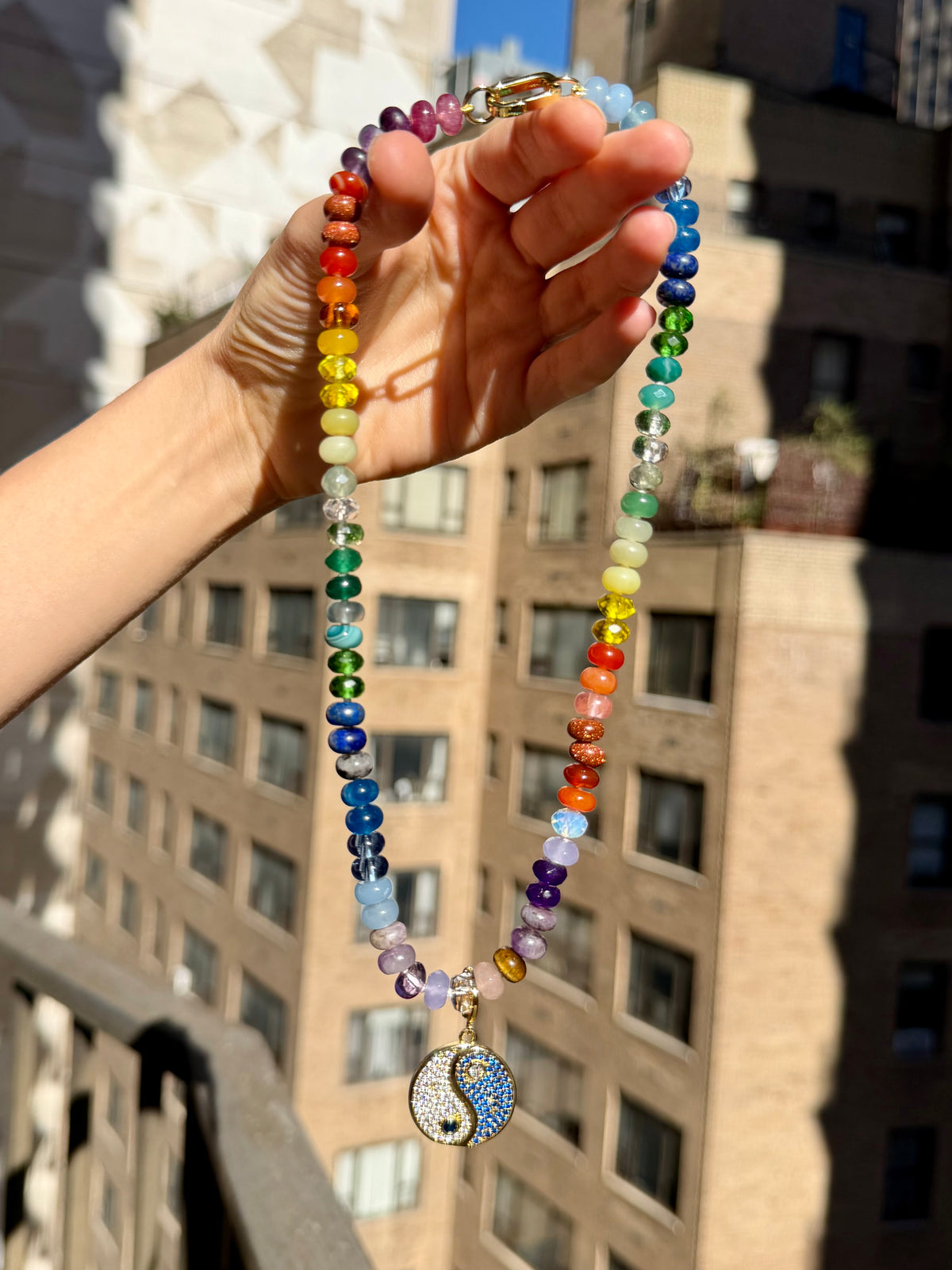 Tertiary Skittles - Hand Knotted Rainbow Gemstone Necklace with Enhancer Clasp