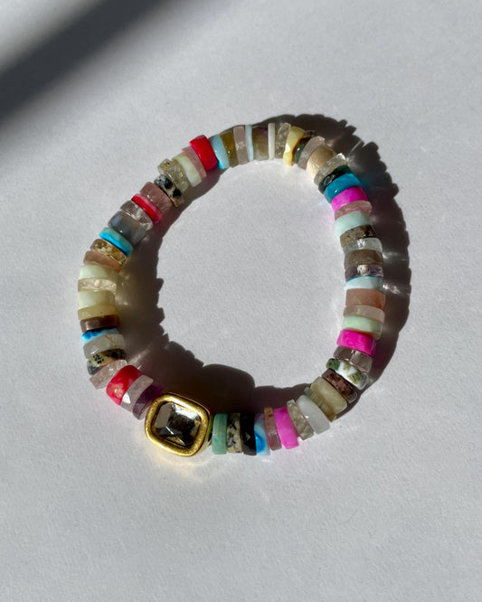 Fruity Pebbles Swarovski Bracelet | Rainbow Heishi Gemstones & Crystal Centerplate
